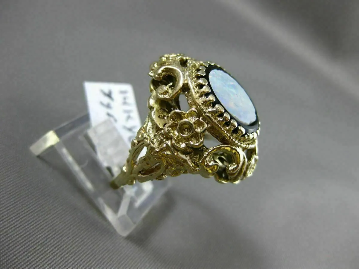 ANTIQUE LARGE BLACK ONYX & OPAL 14K YELLOW GOLD MULTI ROYAL FILIGREE FLOWER RING