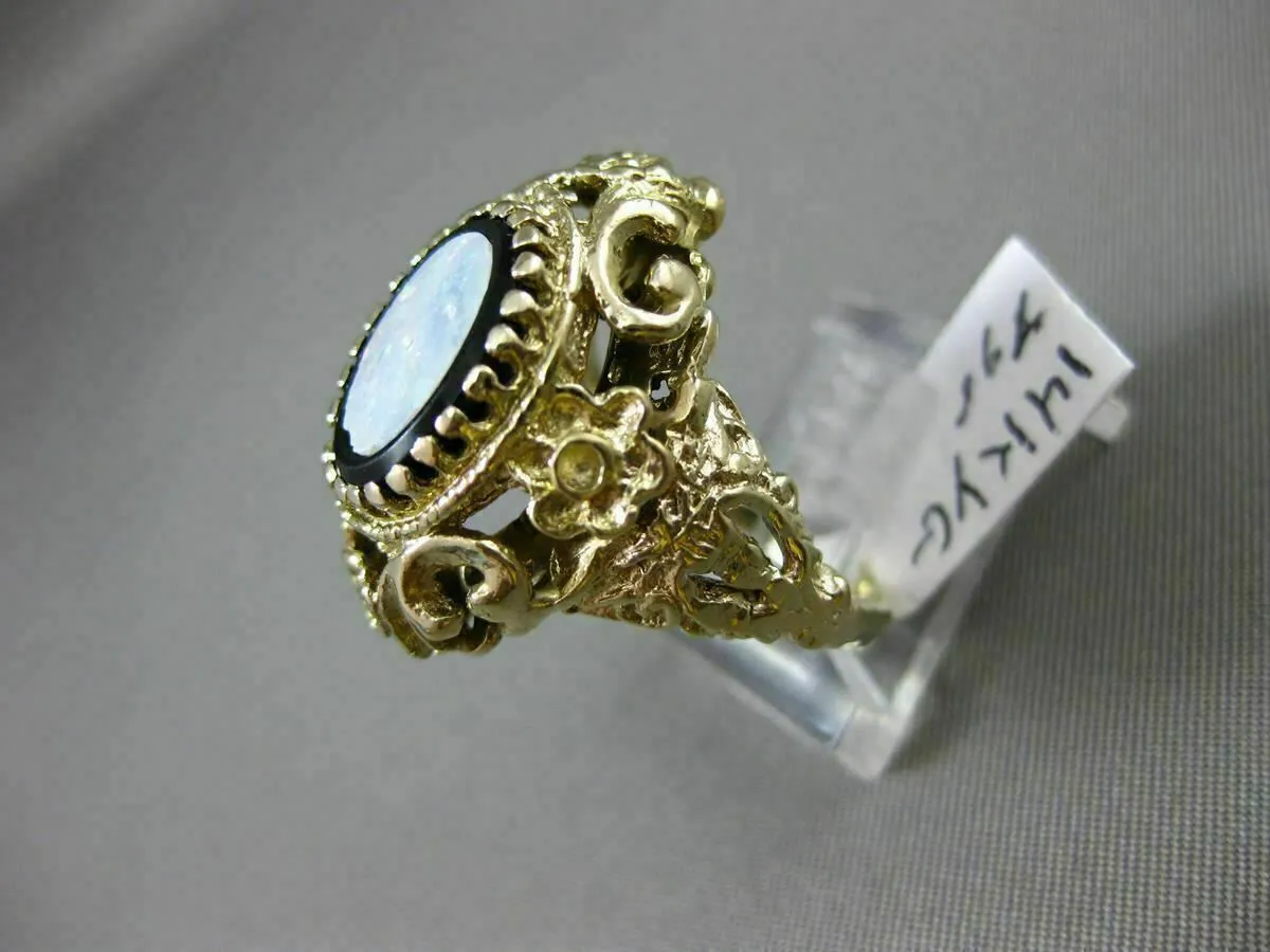 ANTIQUE LARGE BLACK ONYX & OPAL 14K YELLOW GOLD MULTI ROYAL FILIGREE FLOWER RING