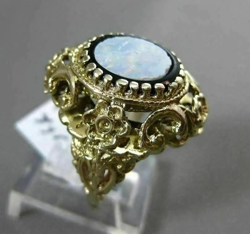 ANTIQUE LARGE BLACK ONYX & OPAL 14K YELLOW GOLD MULTI ROYAL FILIGREE FLOWER RING