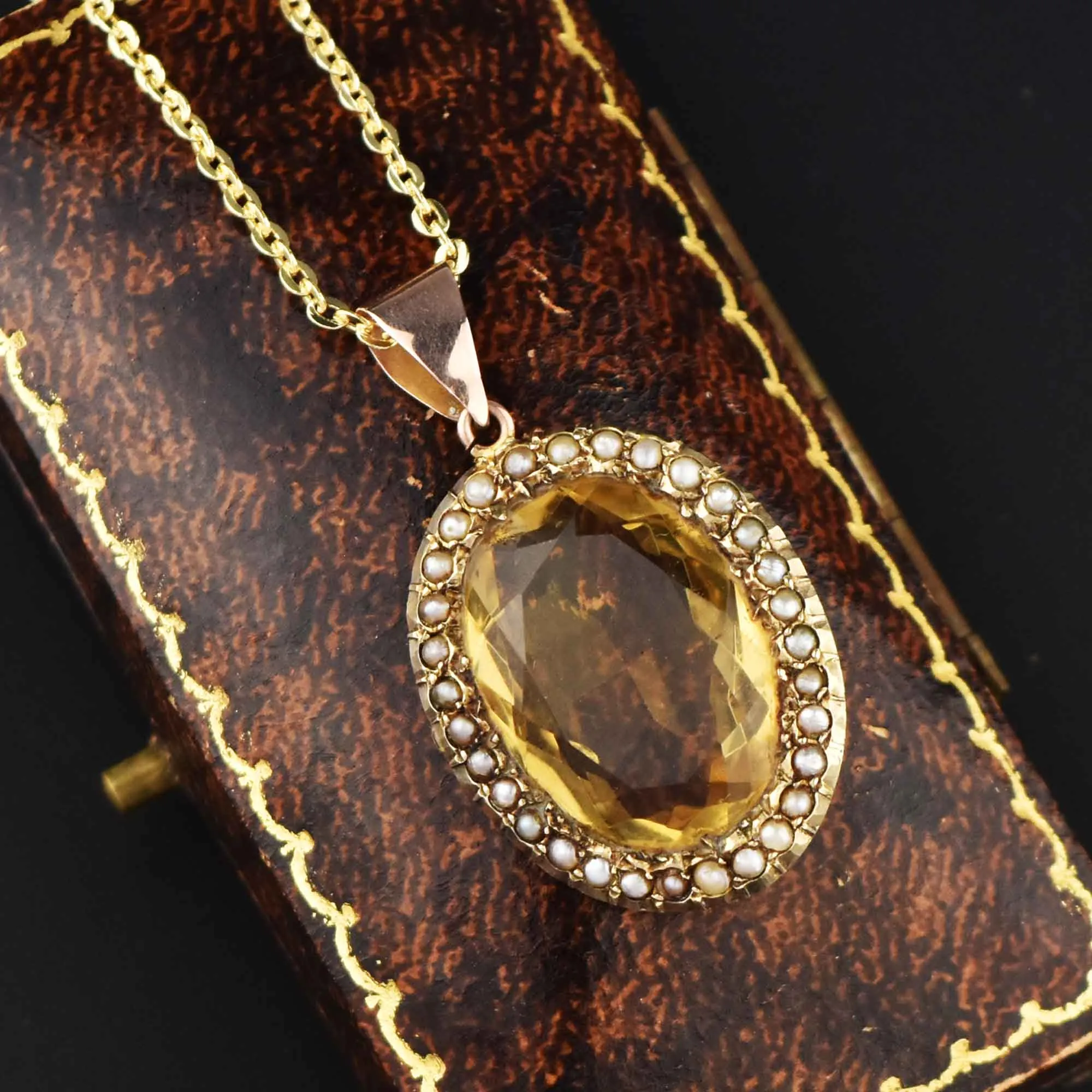 Antique Victorian Pearl Halo Citrine Pendant Necklace