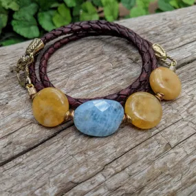 Aquamarine & Honey Jade Artisan Leather Wrap Bracelet