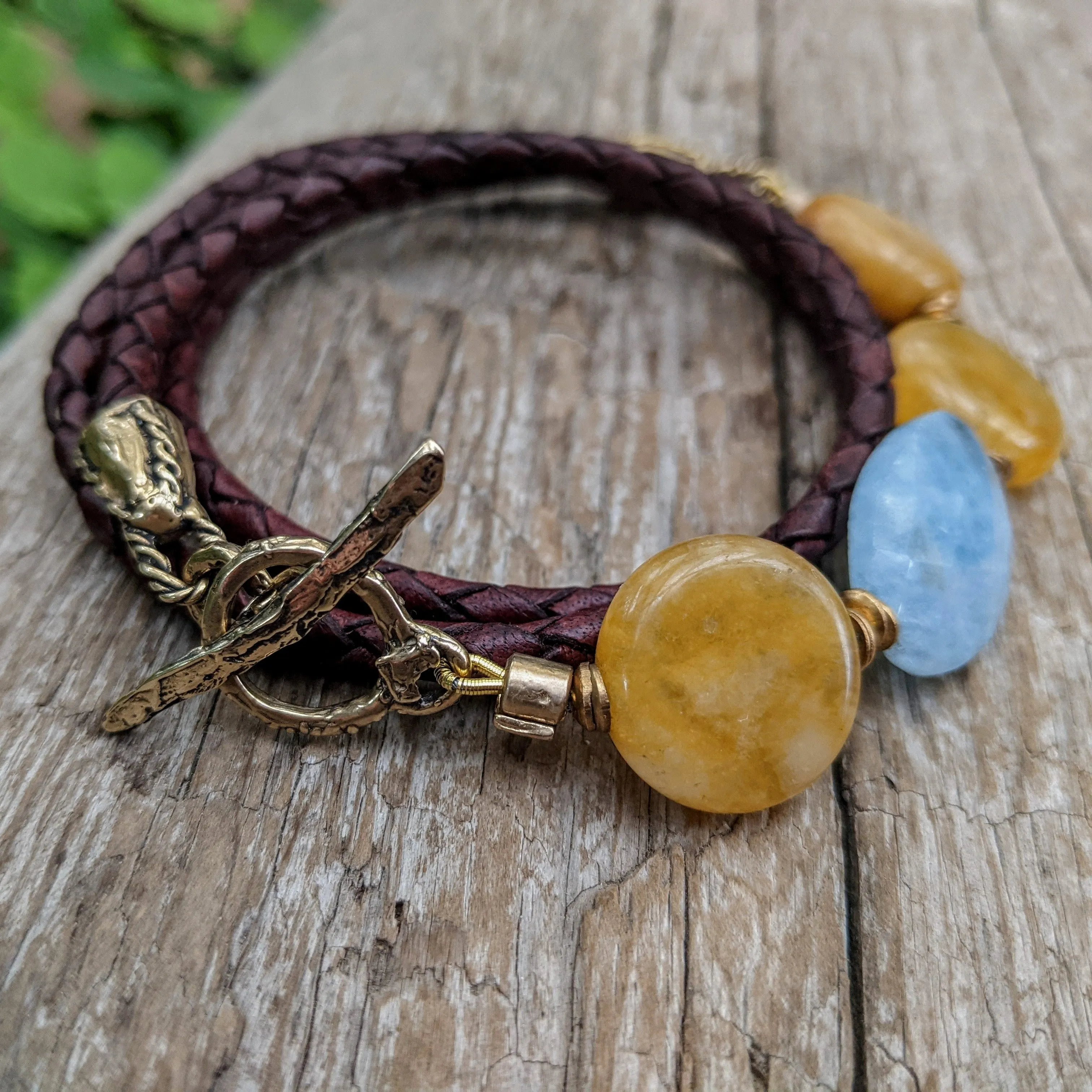 Aquamarine & Honey Jade Artisan Leather Wrap Bracelet