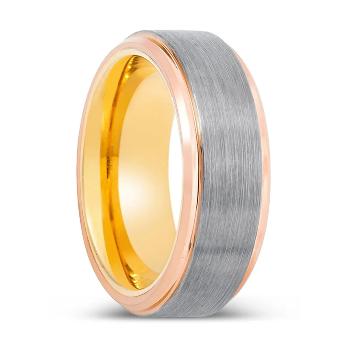 ARMORED | Gold Ring, Silver Tungsten Ring, Brushed, Rose Gold Stepped Edge