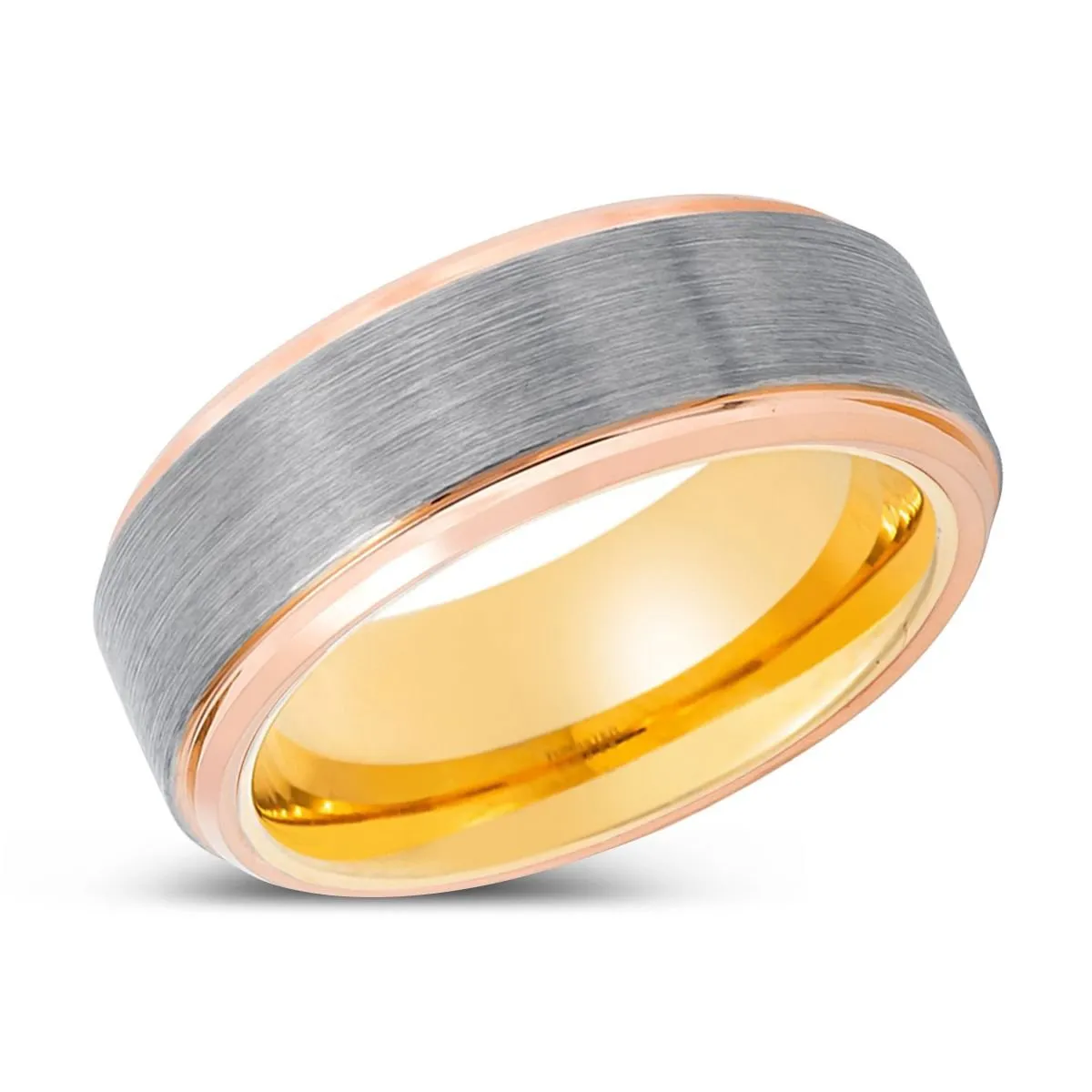 ARMORED | Gold Ring, Silver Tungsten Ring, Brushed, Rose Gold Stepped Edge