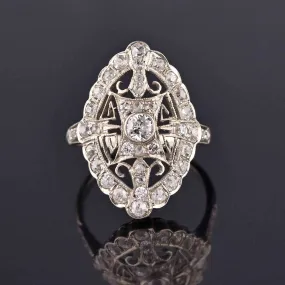 Art Deco 14K White Gold Filigree Diamond Ring, Sz 8.75