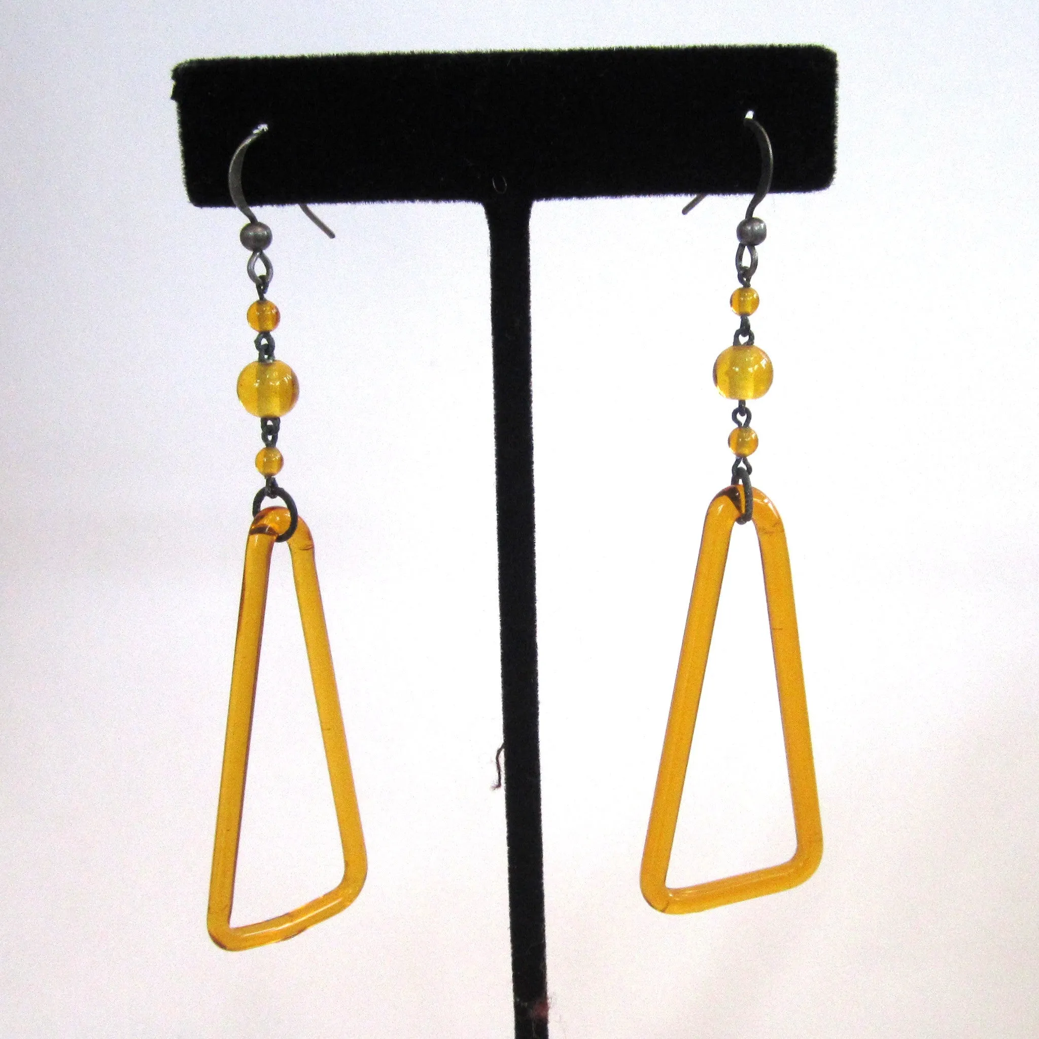 Art Deco Yellow Glass Triangle Dangle Earrings