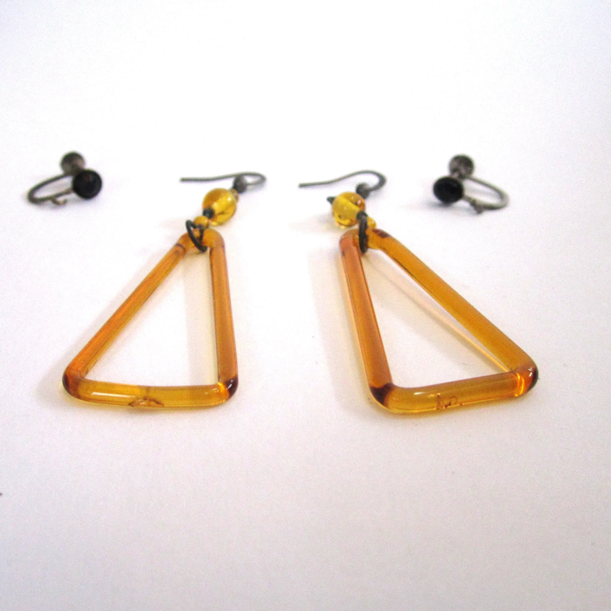 Art Deco Yellow Glass Triangle Dangle Earrings