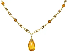 Art Nouveau Citrine 14 Karat Gold Floral Drop Necklace