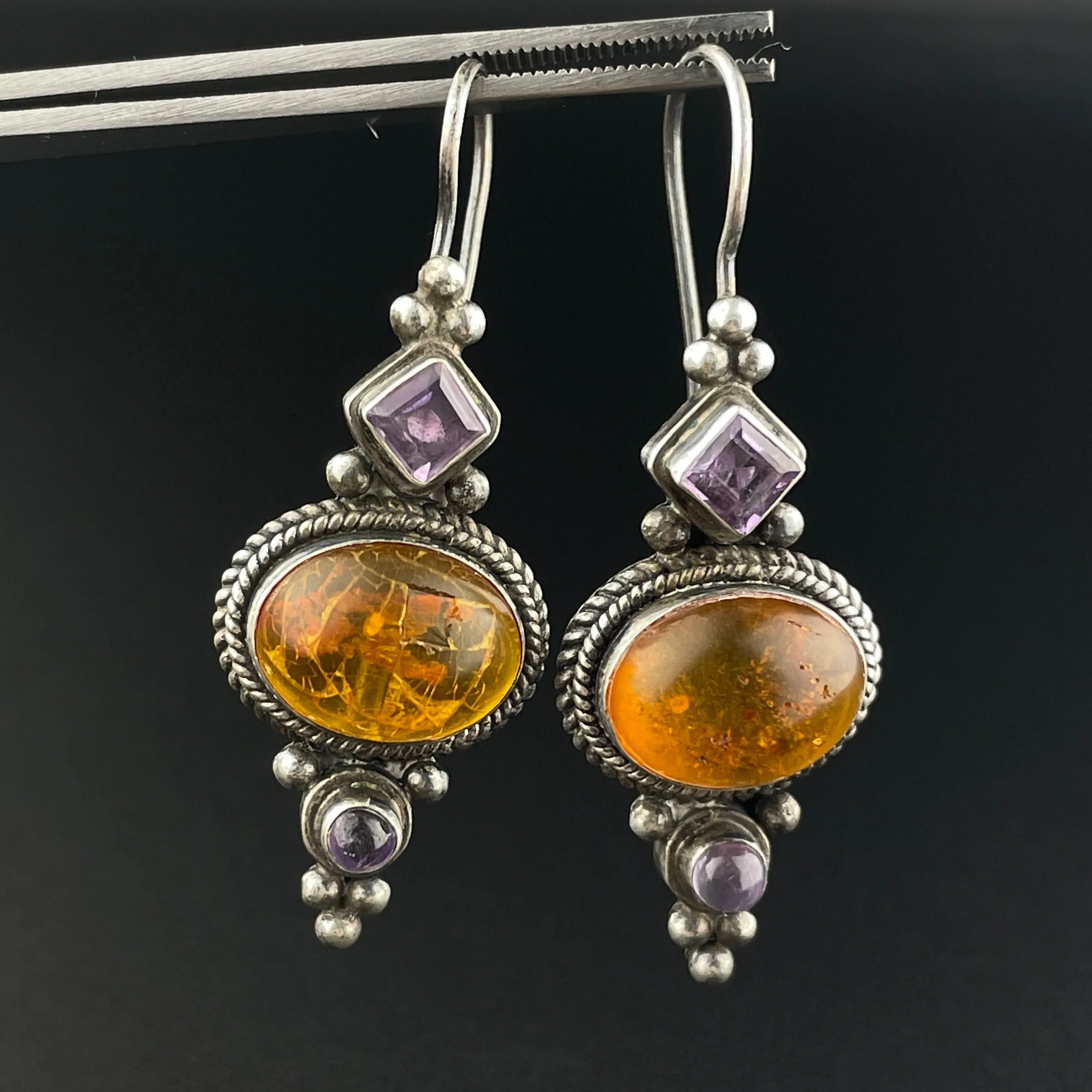 Arts and Crafts Style Silver Baltic Amber Amethyst Statement Earrings