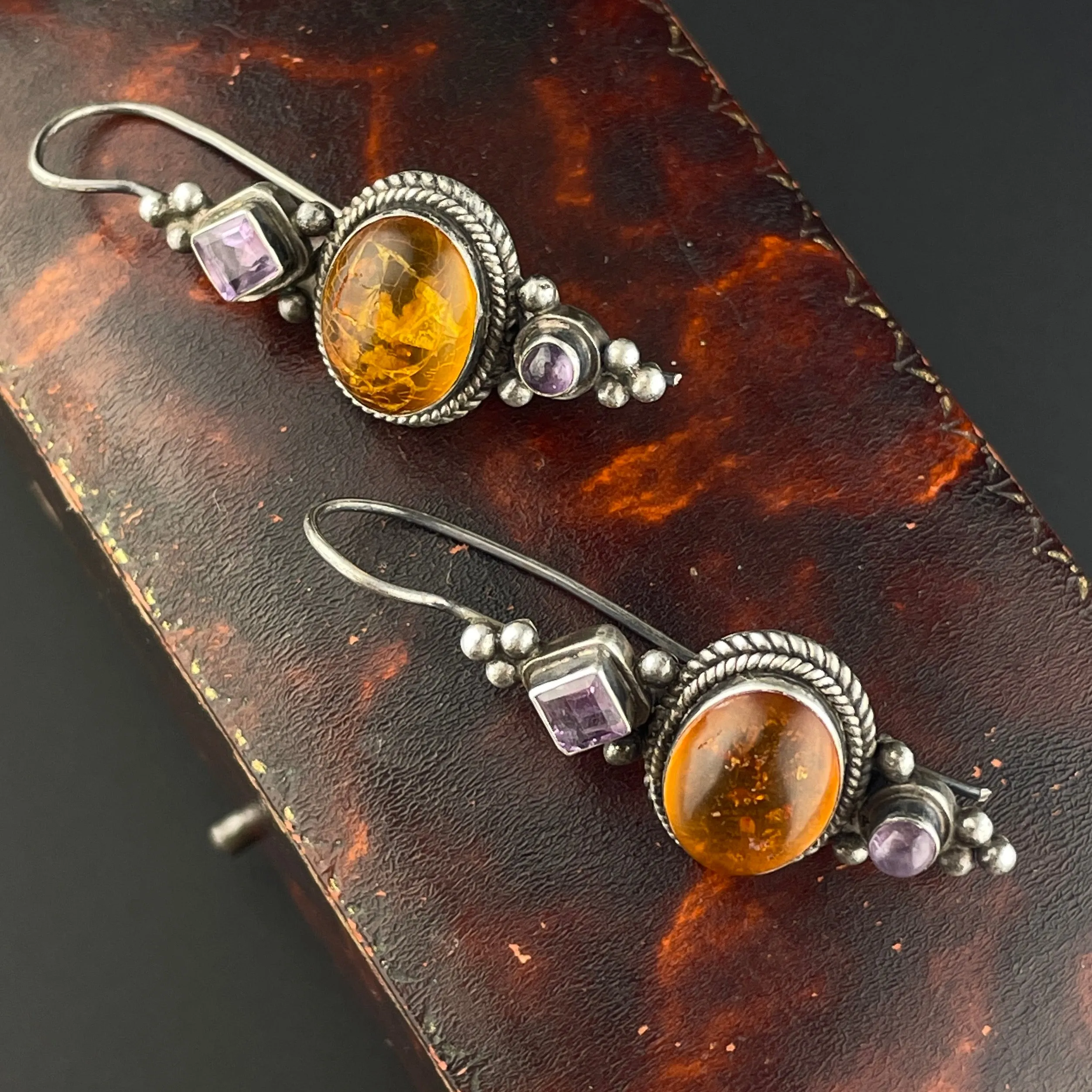 Arts and Crafts Style Silver Baltic Amber Amethyst Statement Earrings