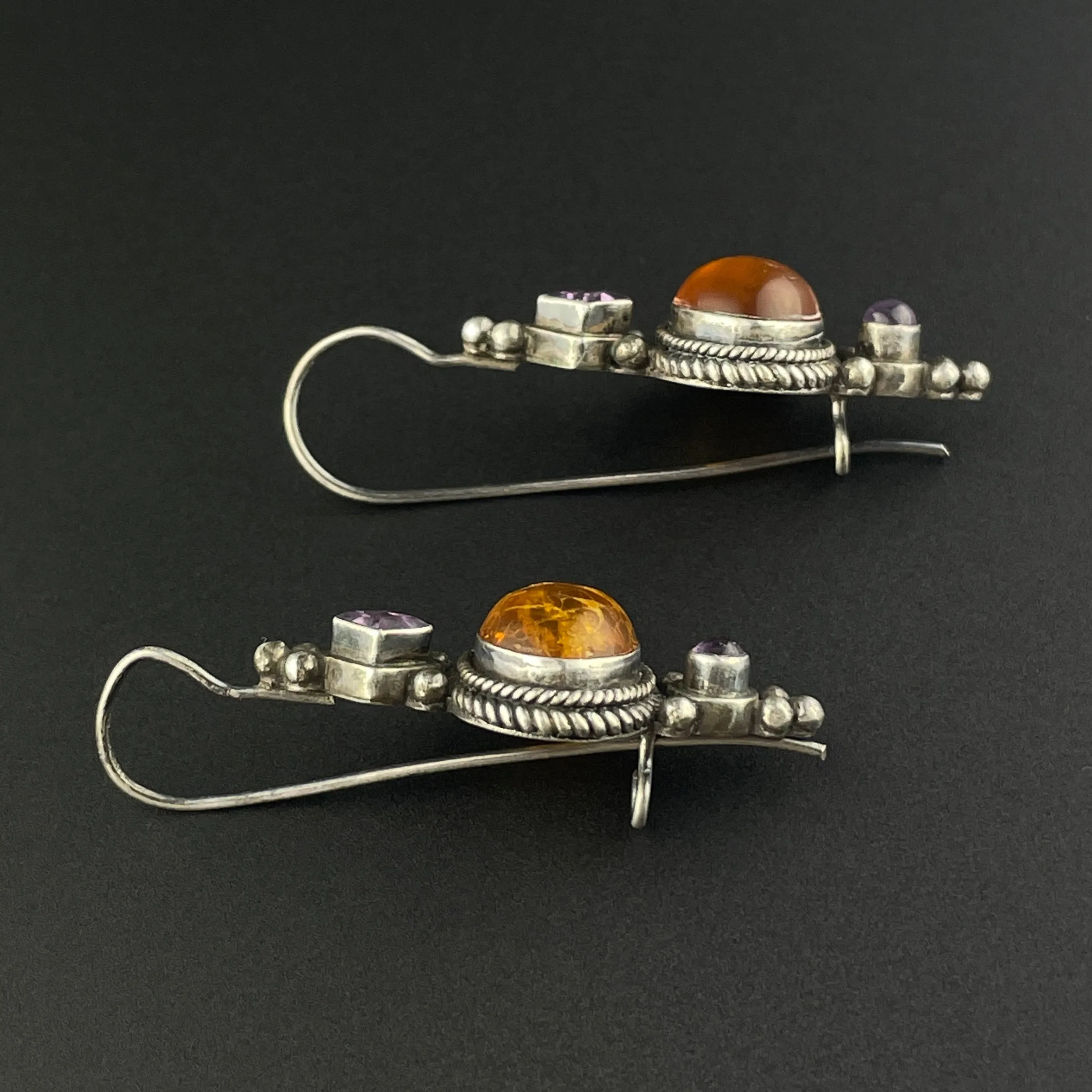 Arts and Crafts Style Silver Baltic Amber Amethyst Statement Earrings