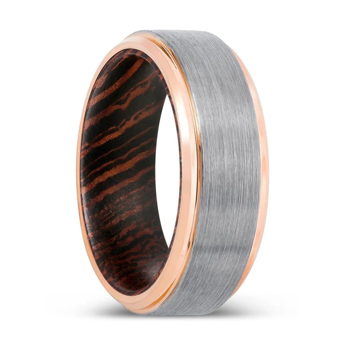 ASVIN | Wenge Wood, Silver Tungsten Ring, Brushed, Rose Gold Stepped Edge