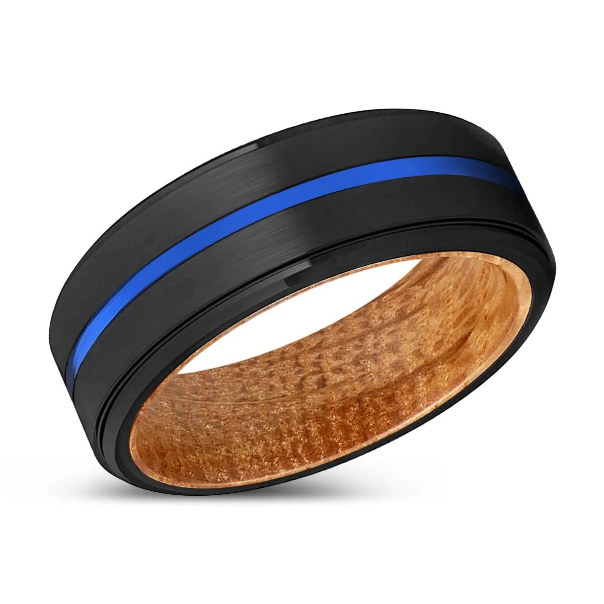 AURA | Whiskey Barrel Wood, Black Tungsten Ring, Blue Groove, Stepped Edge