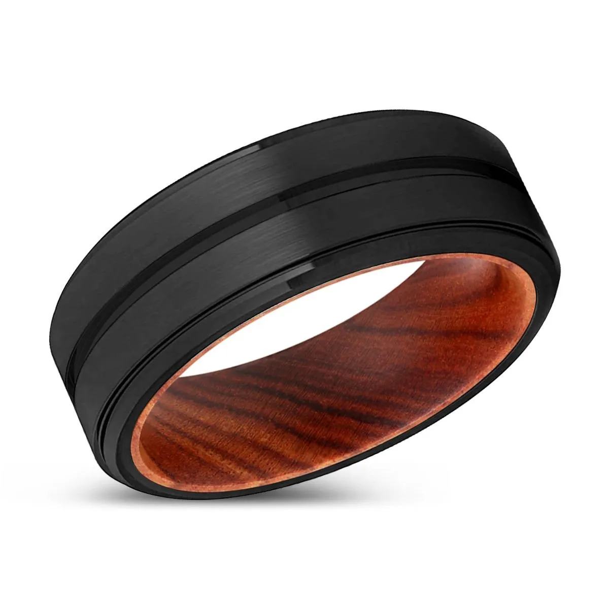 AVERY | Iron Wood, Black Tungsten Ring, Grooved, Stepped Edge