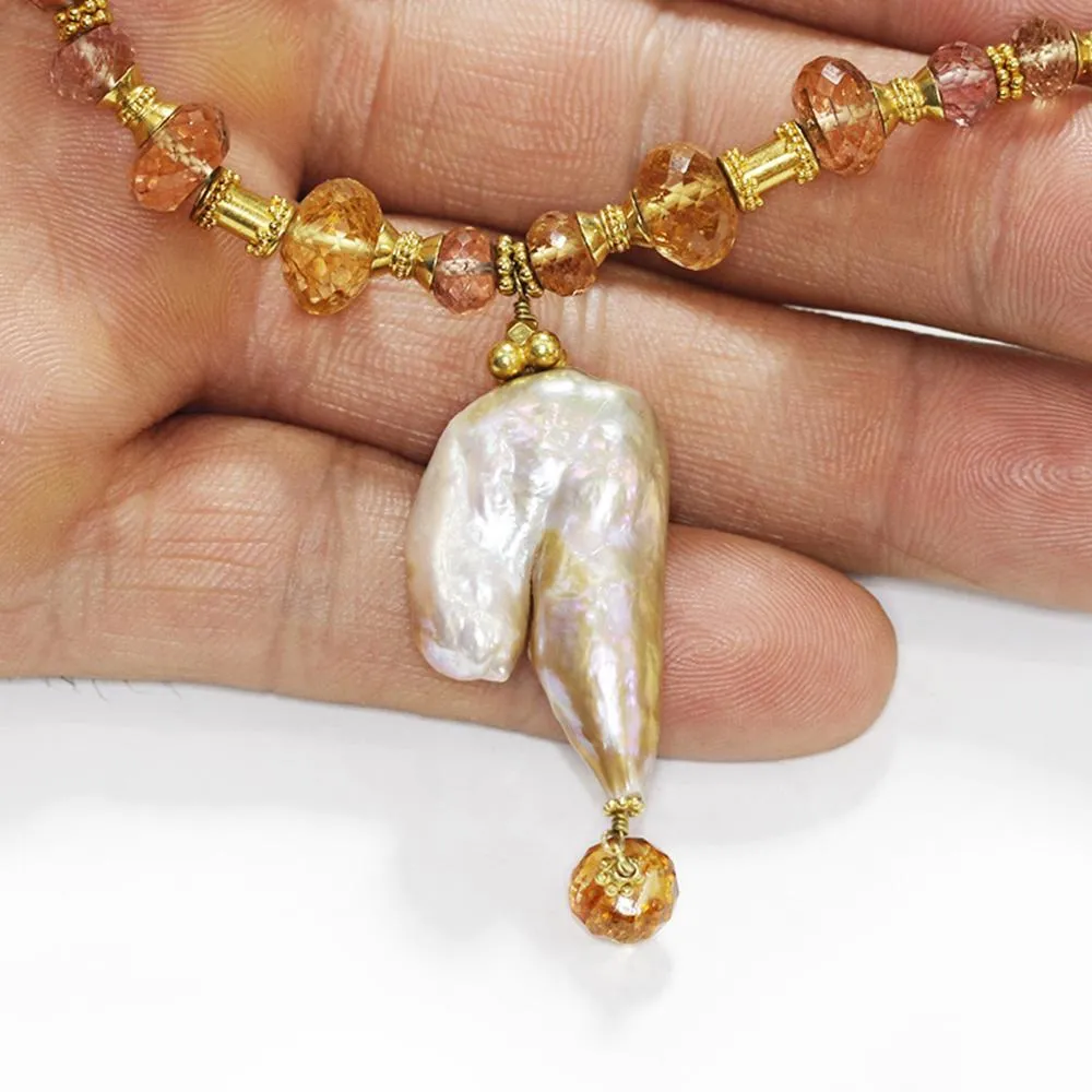 Baroque Pearl Pendant Necklace with Gemstone's 18K