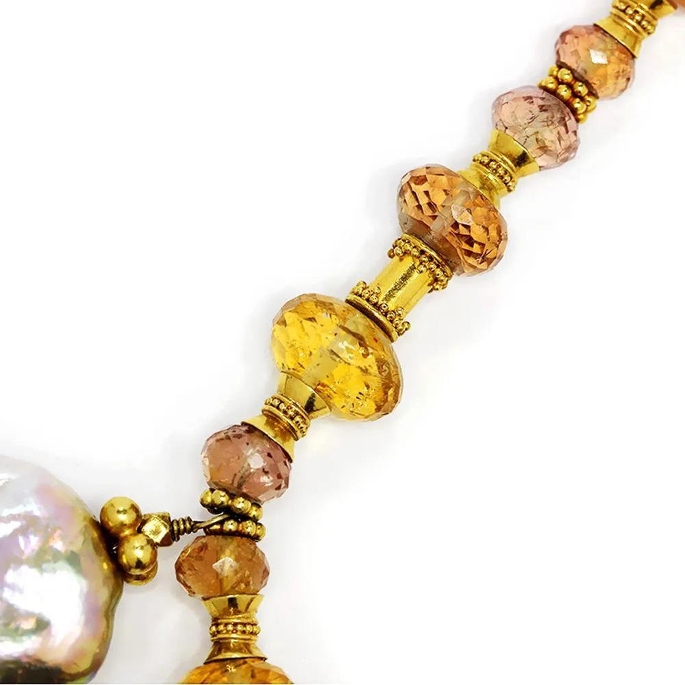 Baroque Pearl Pendant Necklace with Gemstone's 18K