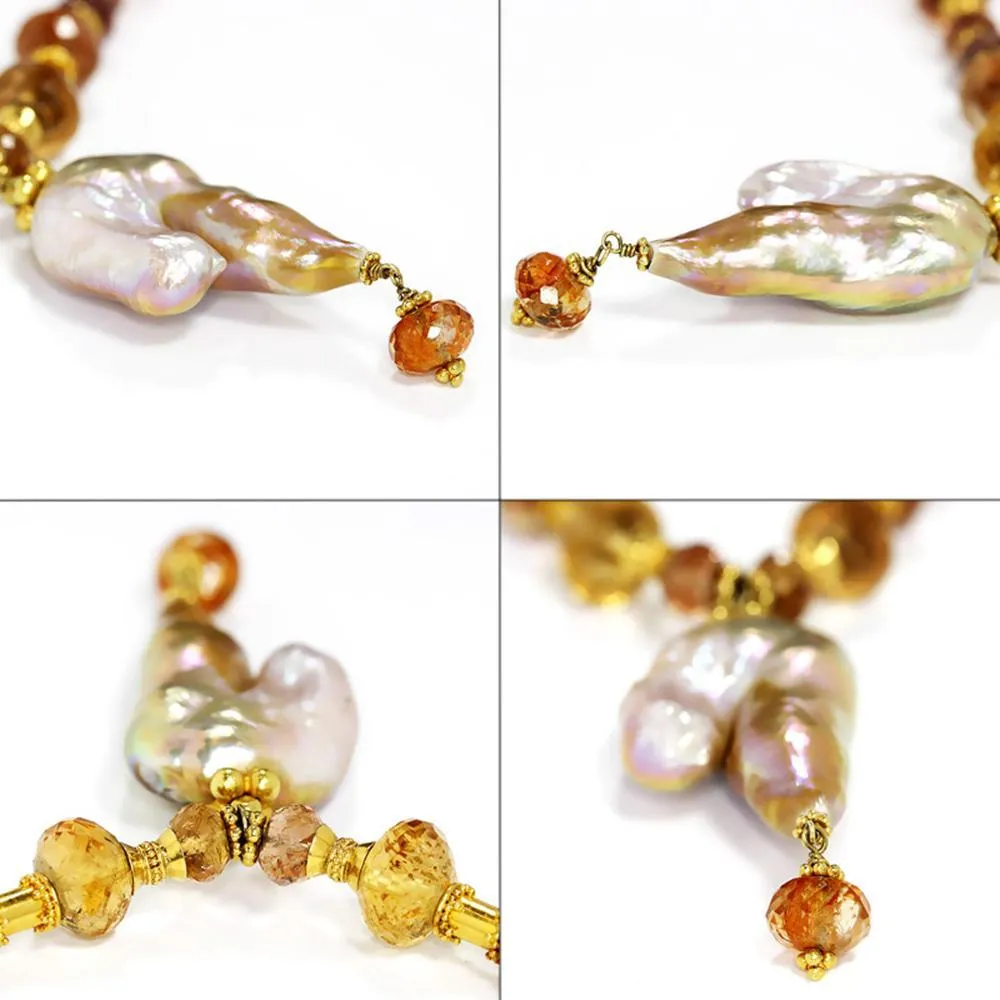 Baroque Pearl Pendant Necklace with Gemstone's 18K