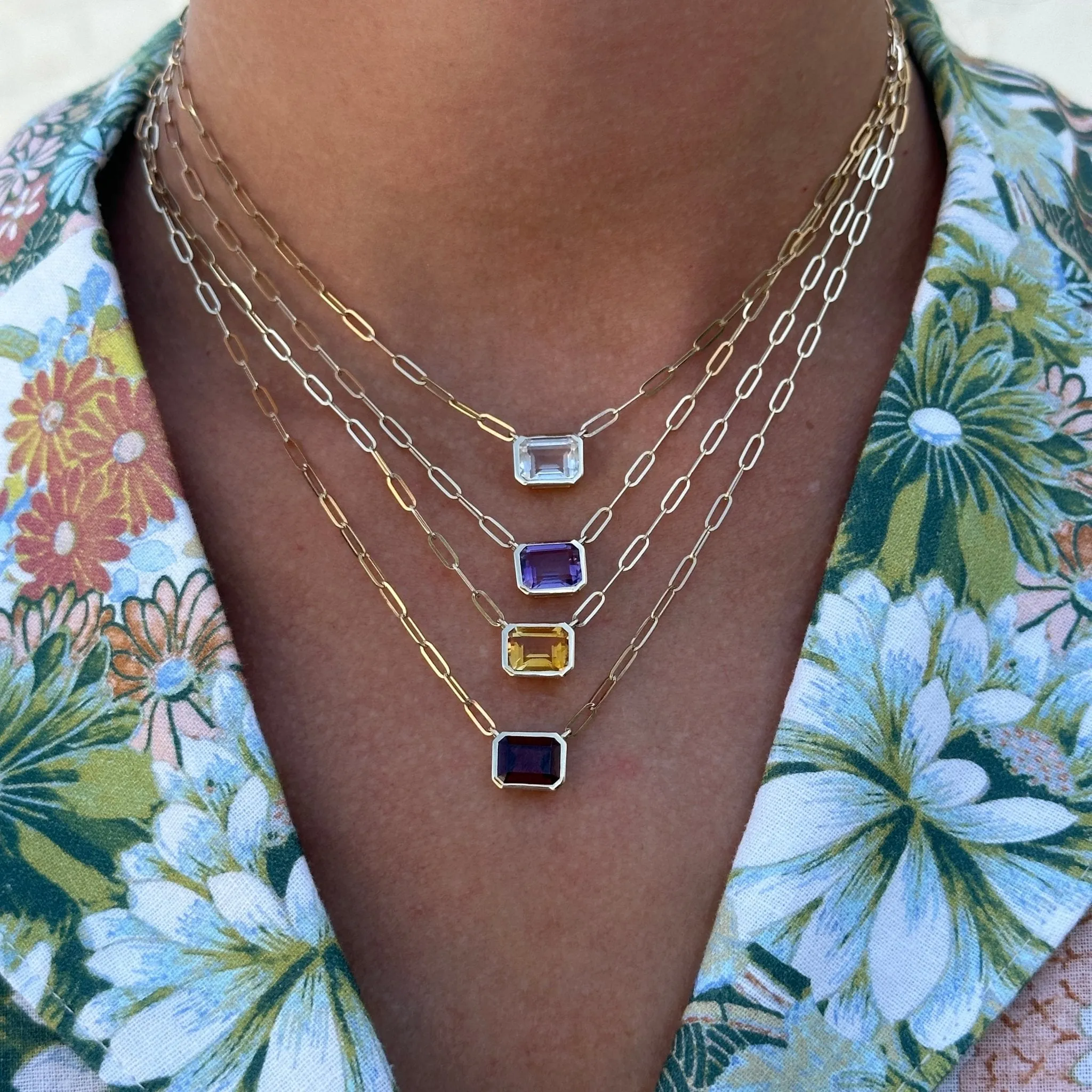 Bezel Set Gemstone Paper Clip Necklace