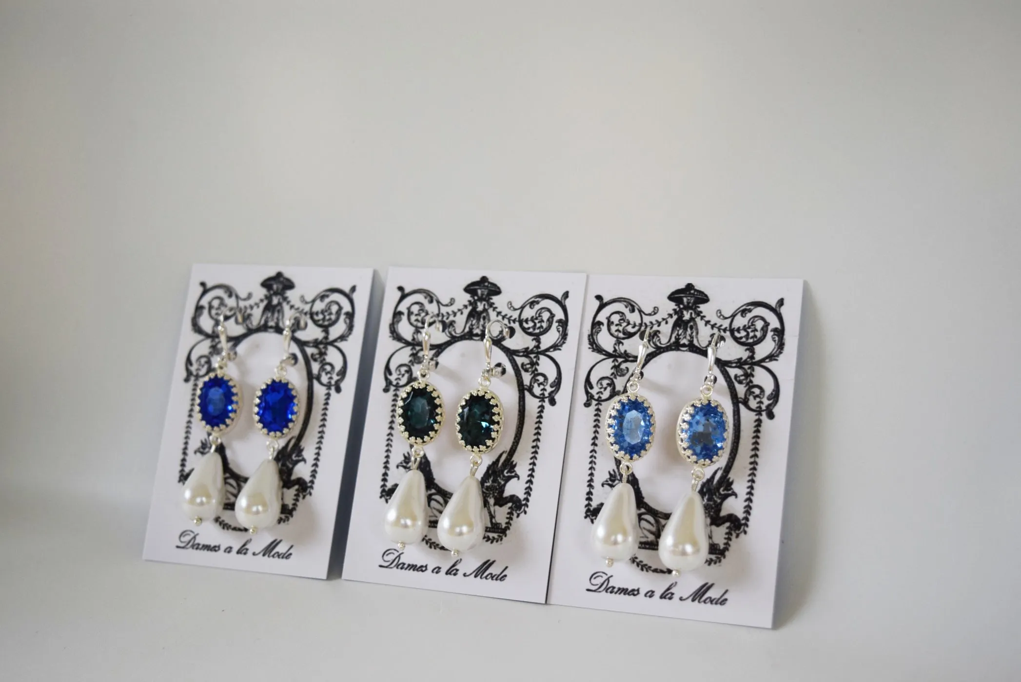 Blue and Pearl Crown Earrings - Medium Oval