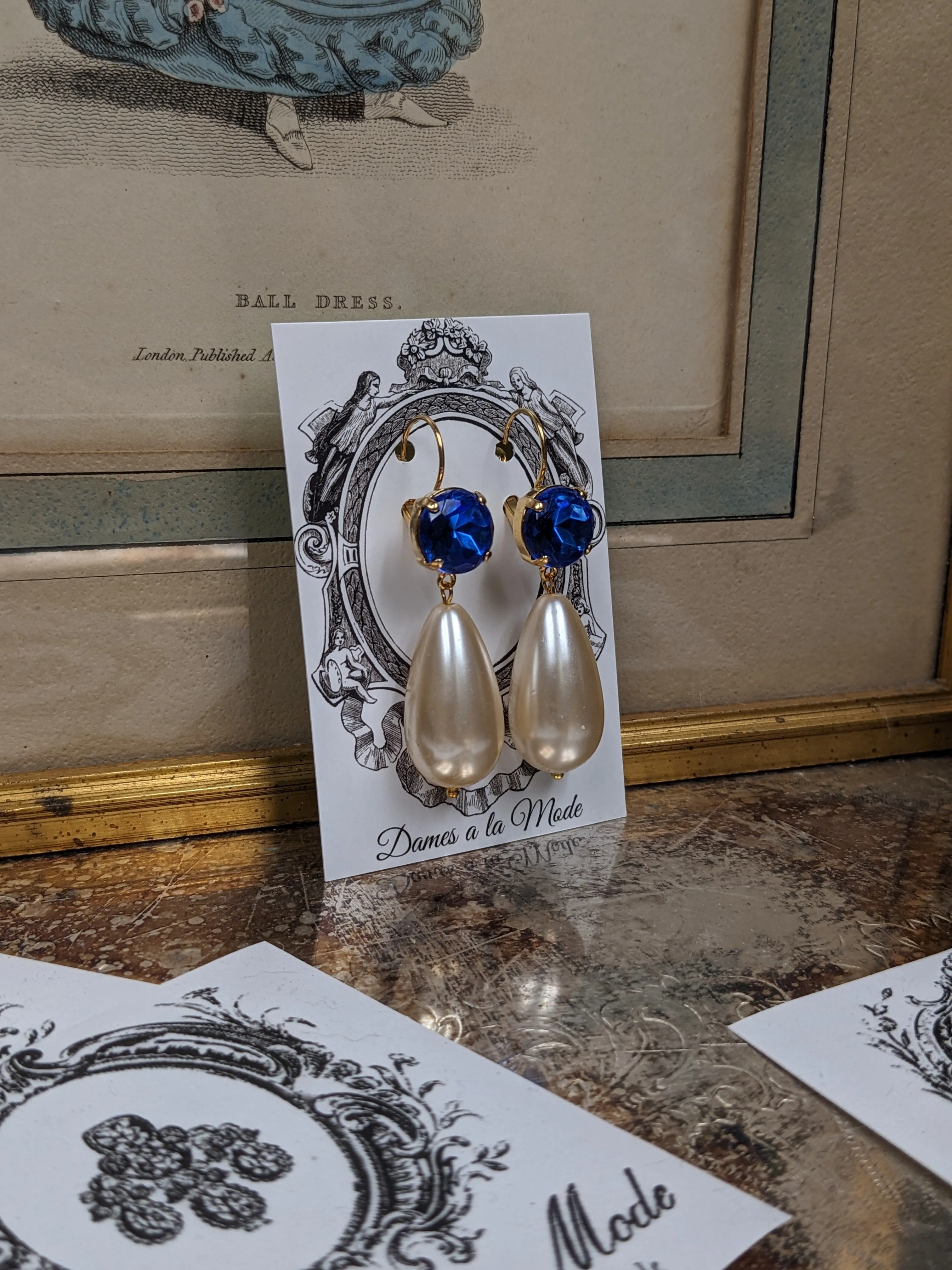 Blue Crystal and Huge Pearl Earrings