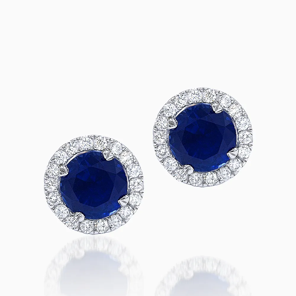 Blue Sapphire & Diamond Halo Stud Earrings in 14kt Gold