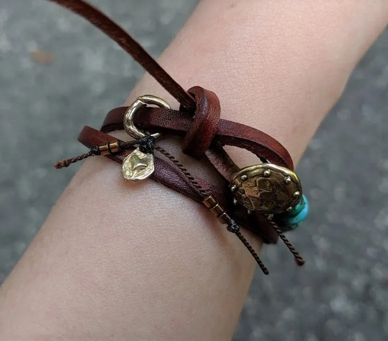 Boho Natural Turquoise Dark Brown Leather Wrap Bracelet