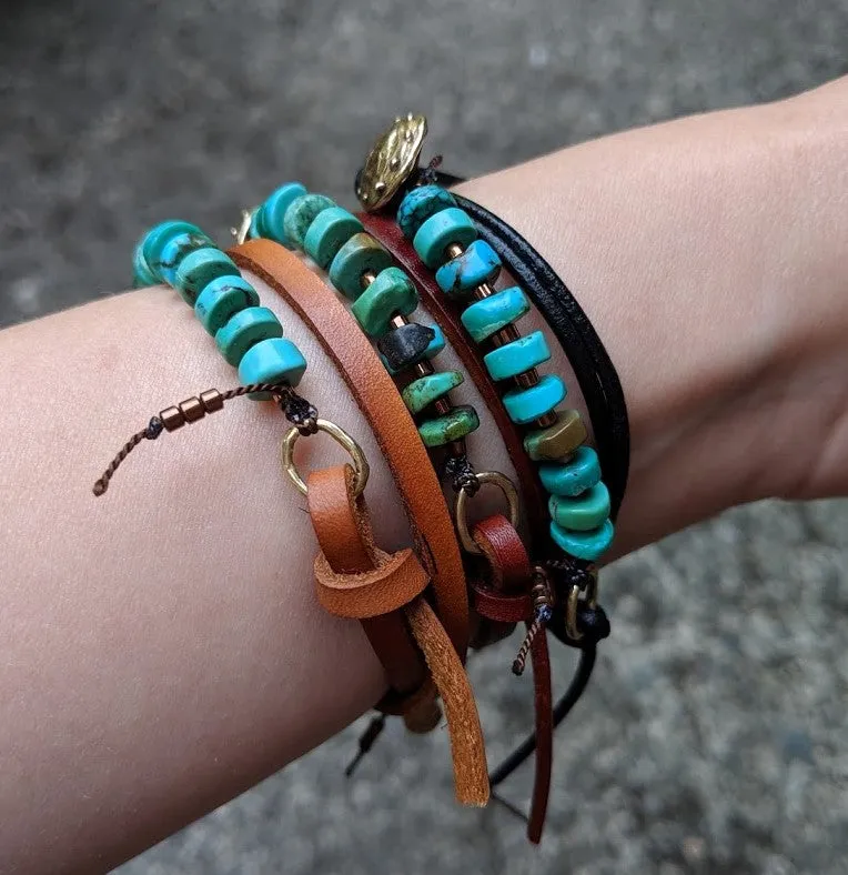 Boho Natural Turquoise Dark Brown Leather Wrap Bracelet