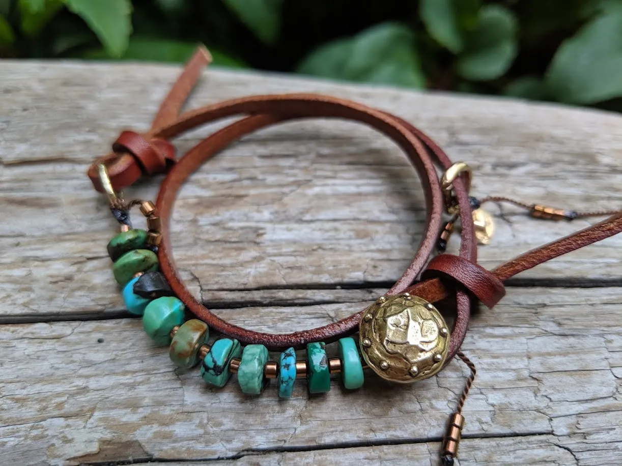 Boho Natural Turquoise Dark Brown Leather Wrap Bracelet