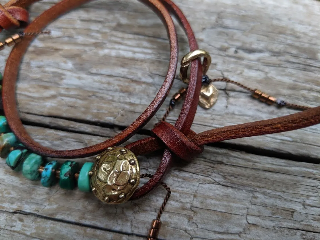 Boho Natural Turquoise Dark Brown Leather Wrap Bracelet