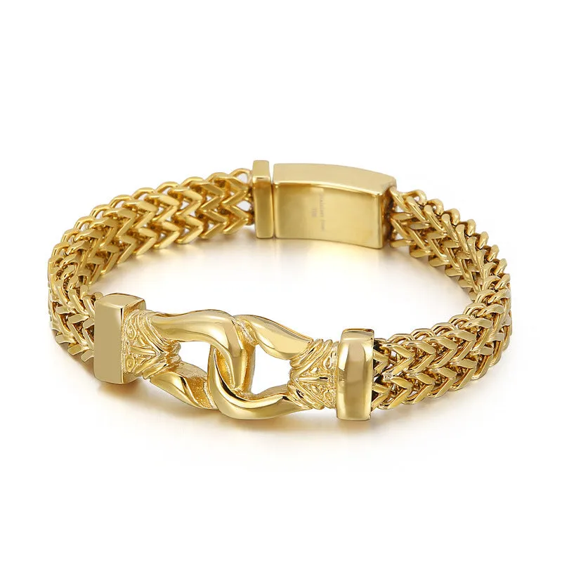 Bold Urban Hip-Hop Titanium Steel Bracelet for Men - Double-Row Keel Gold Design