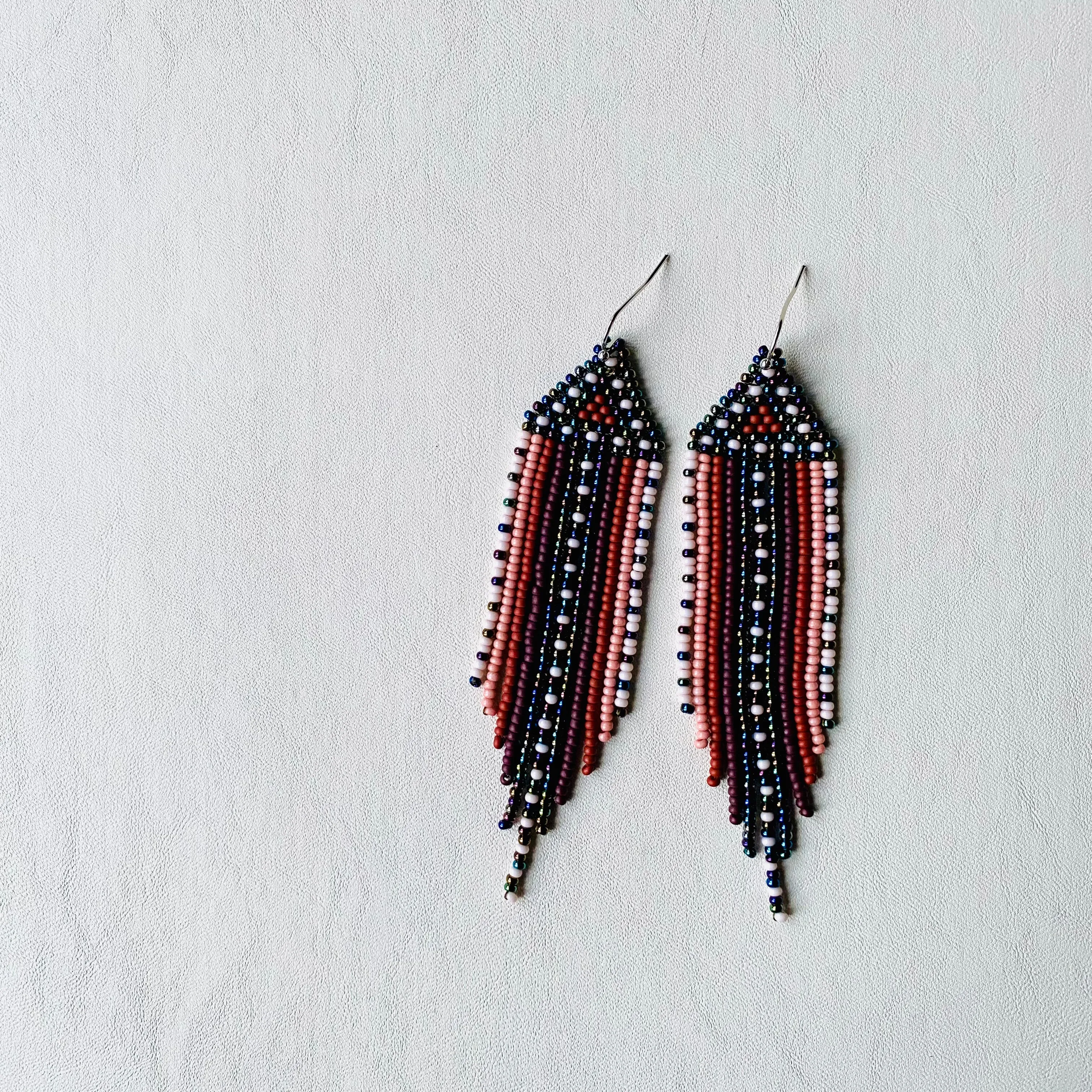 Brown Navy Blue Seed Bead Chandelier Earrings. Unique Indigenous style Earrings Native inspired. Earthy Fringe Earrings. Long Dangle Earring