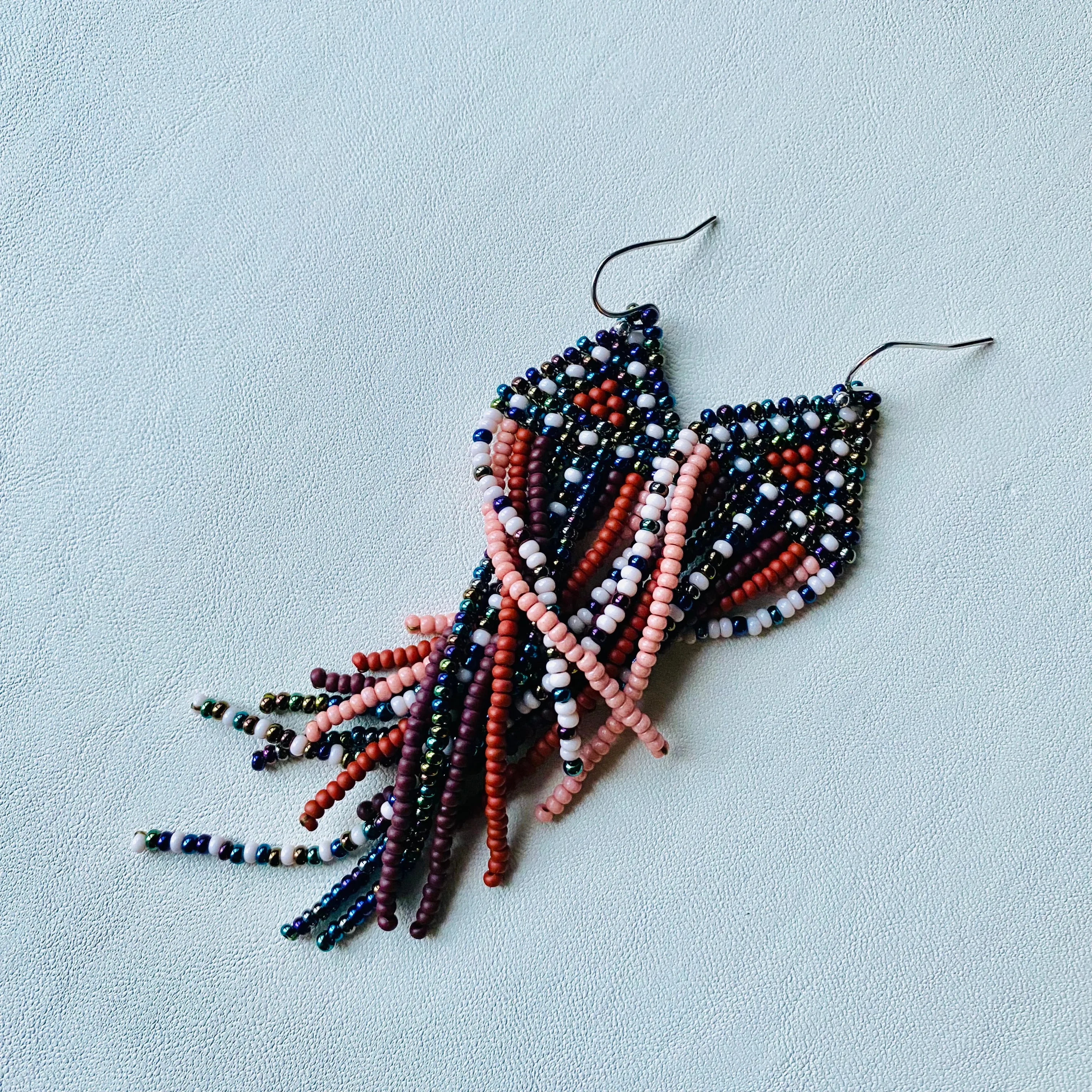 Brown Navy Blue Seed Bead Chandelier Earrings. Unique Indigenous style Earrings Native inspired. Earthy Fringe Earrings. Long Dangle Earring