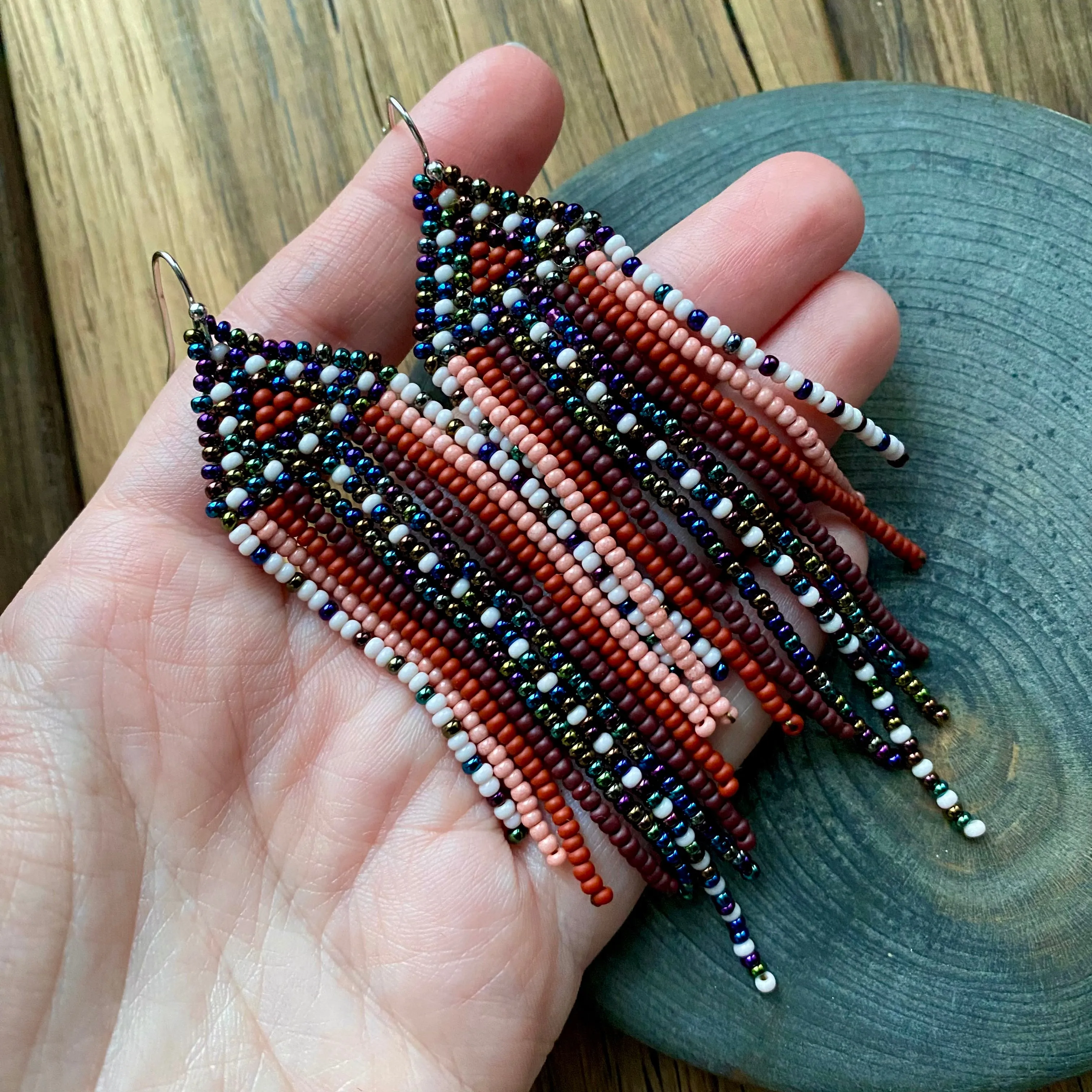 Brown Navy Blue Seed Bead Chandelier Earrings. Unique Indigenous style Earrings Native inspired. Earthy Fringe Earrings. Long Dangle Earring