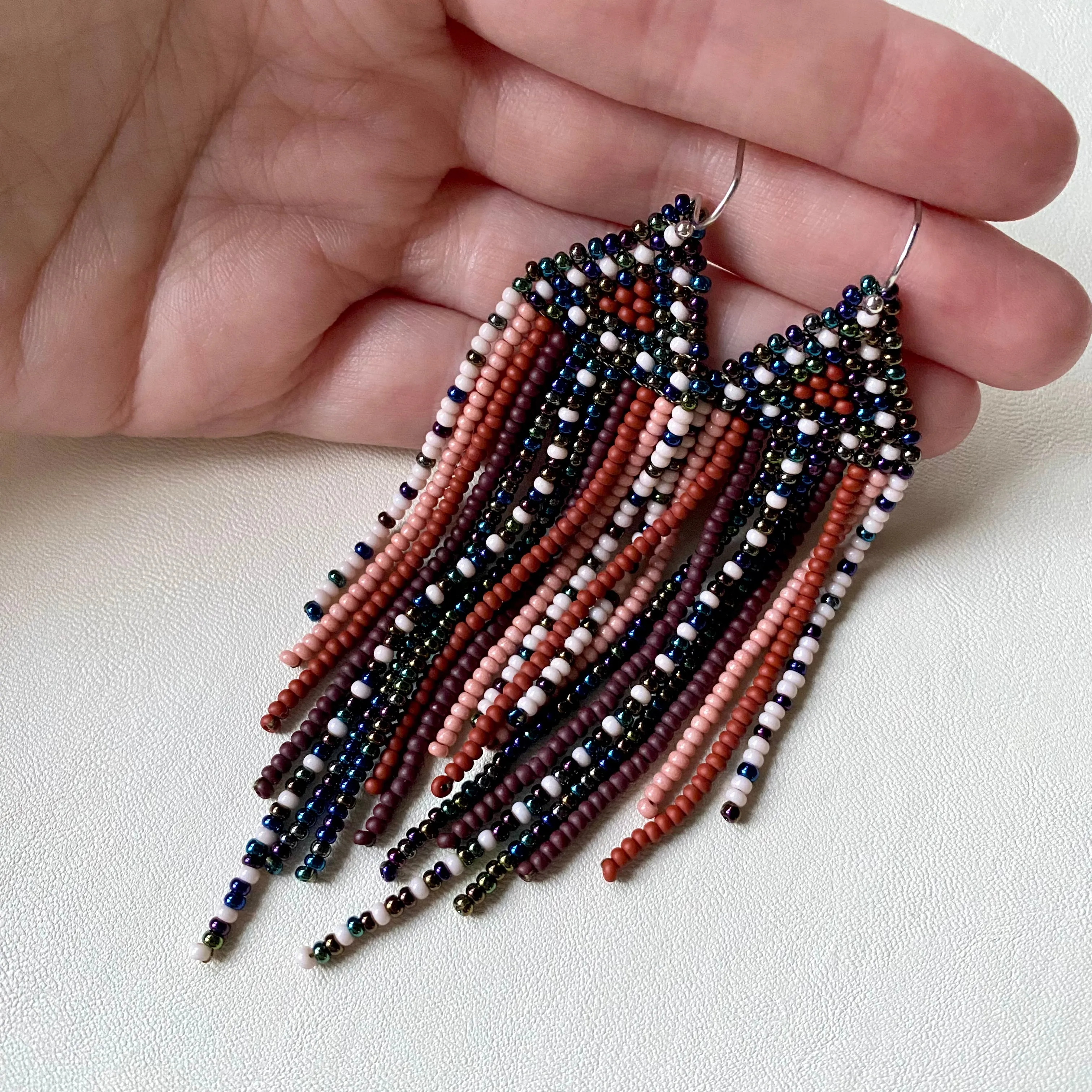 Brown Navy Blue Seed Bead Chandelier Earrings. Unique Indigenous style Earrings Native inspired. Earthy Fringe Earrings. Long Dangle Earring