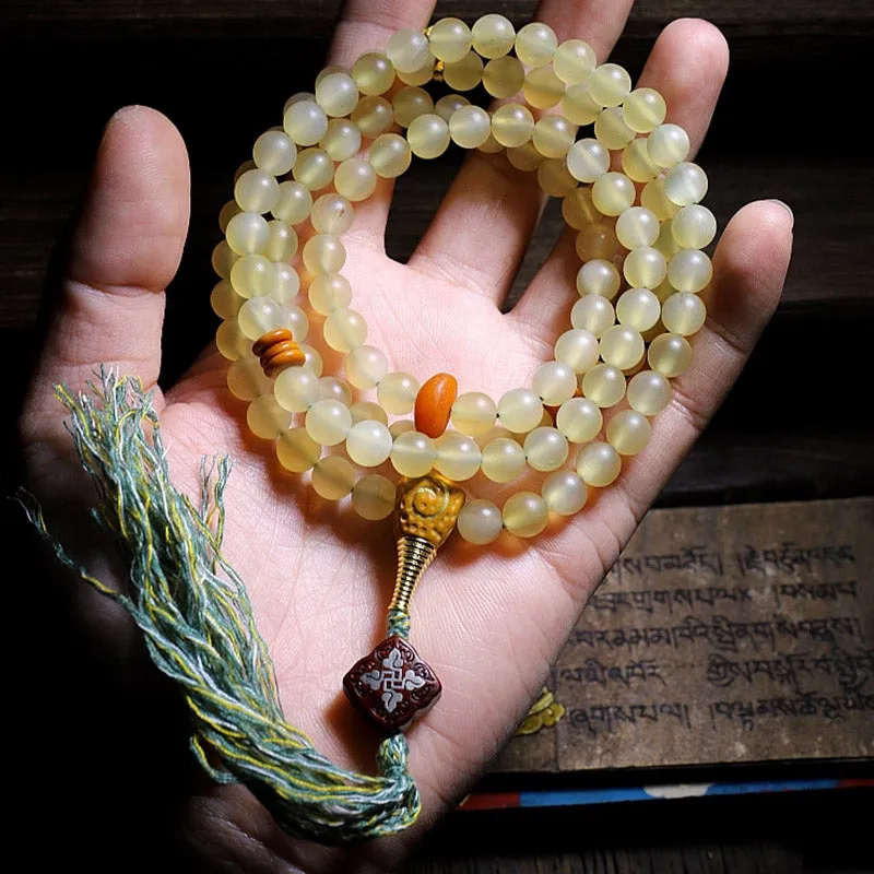 Buddha Stones 108 Mala Beads Tibet Sheep Horn Amber Luck Bracelet