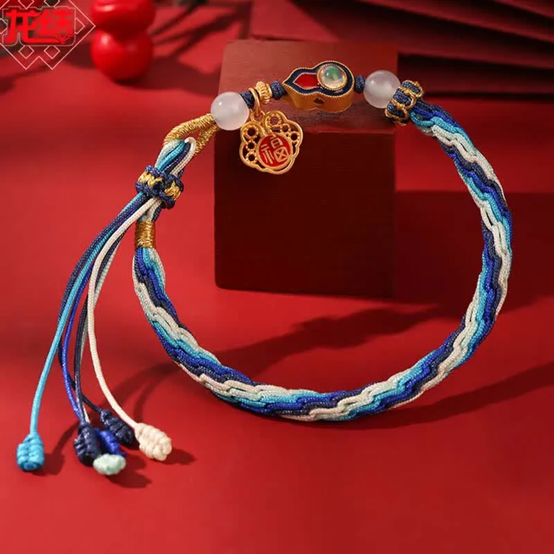 Buddha Stones 925 Sterling Silver Handmade Gourd Blessing String Reincarnation Knot Bracelet