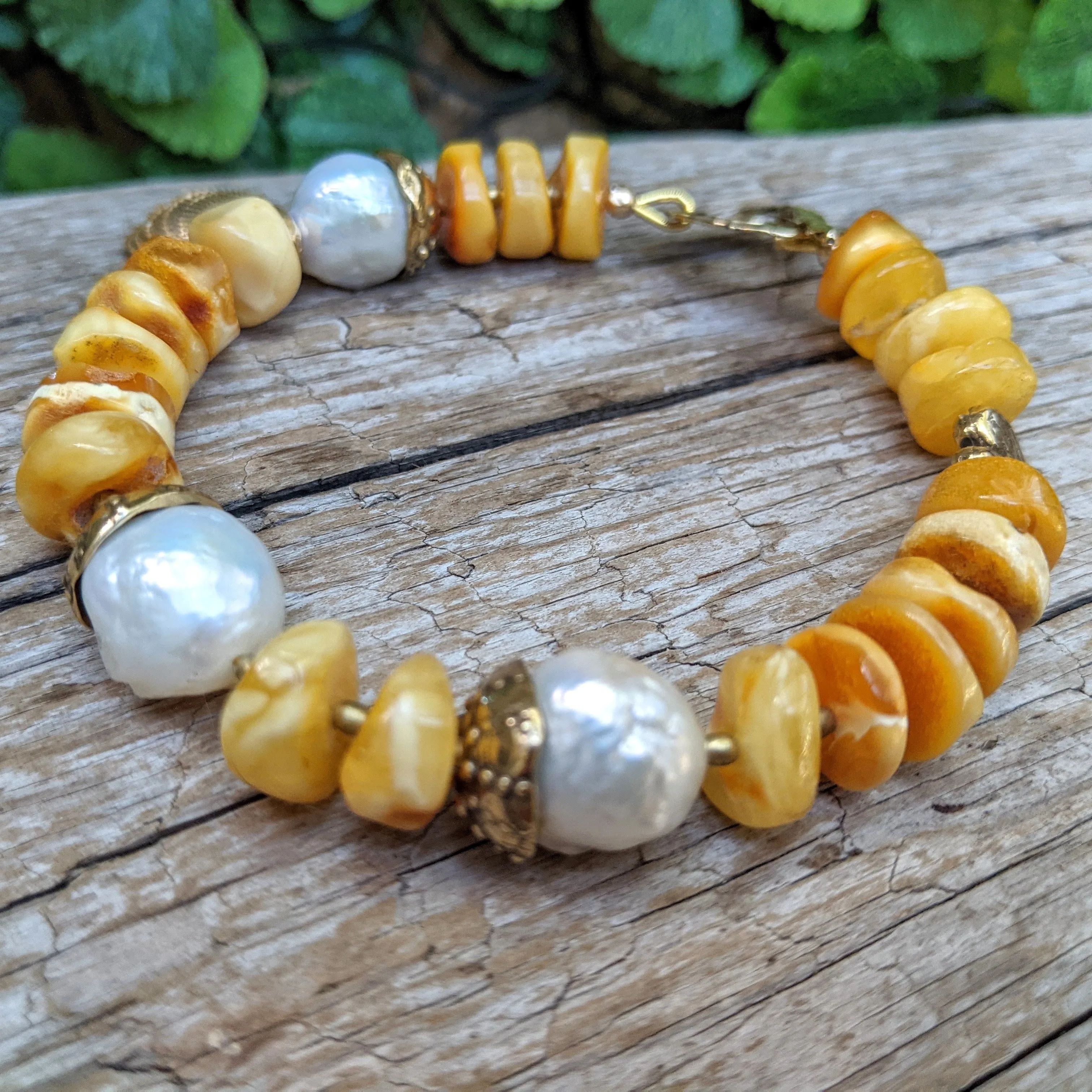 Butterscotch Baltic Amber & White Edison Pearl Bracelet