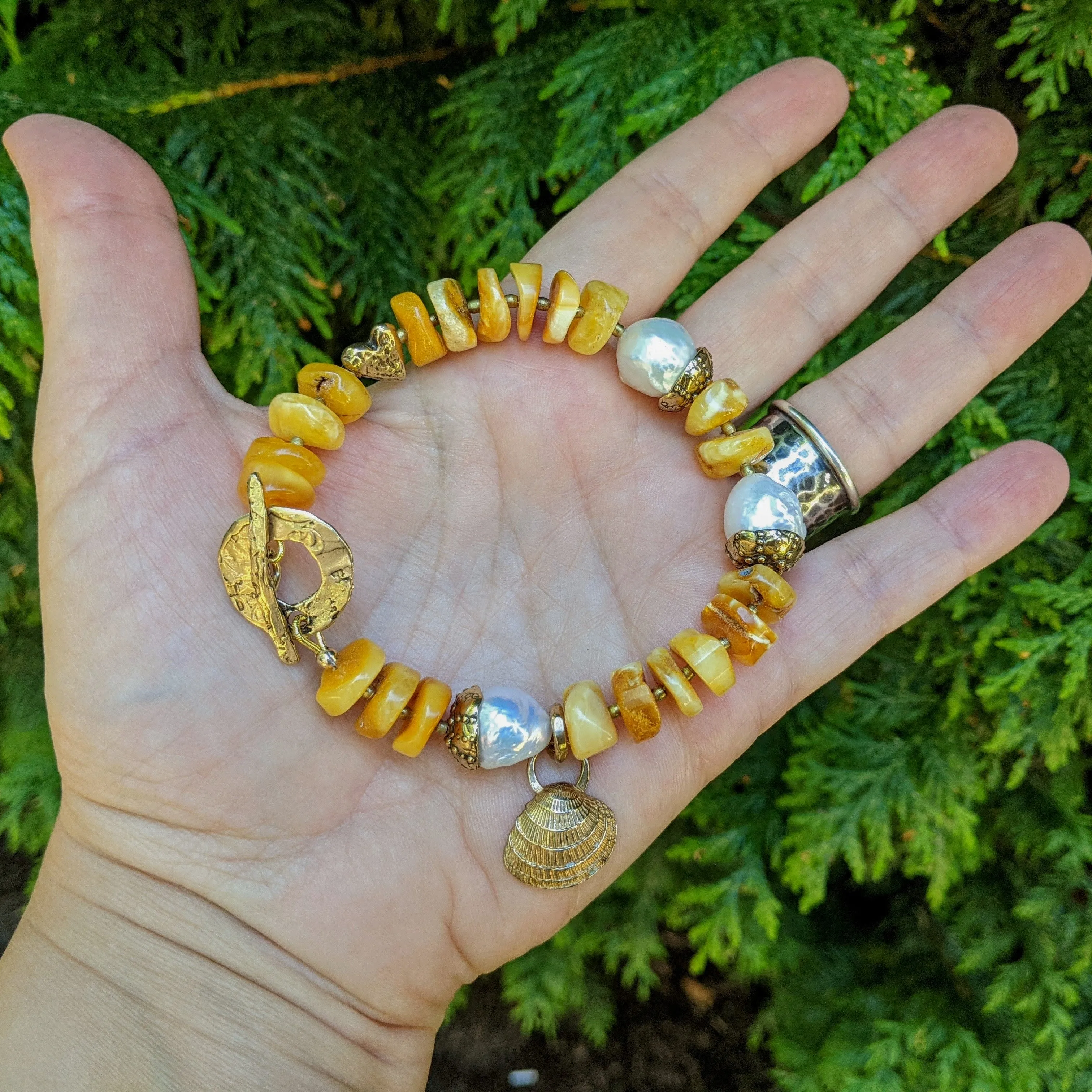 Butterscotch Baltic Amber & White Edison Pearl Bracelet