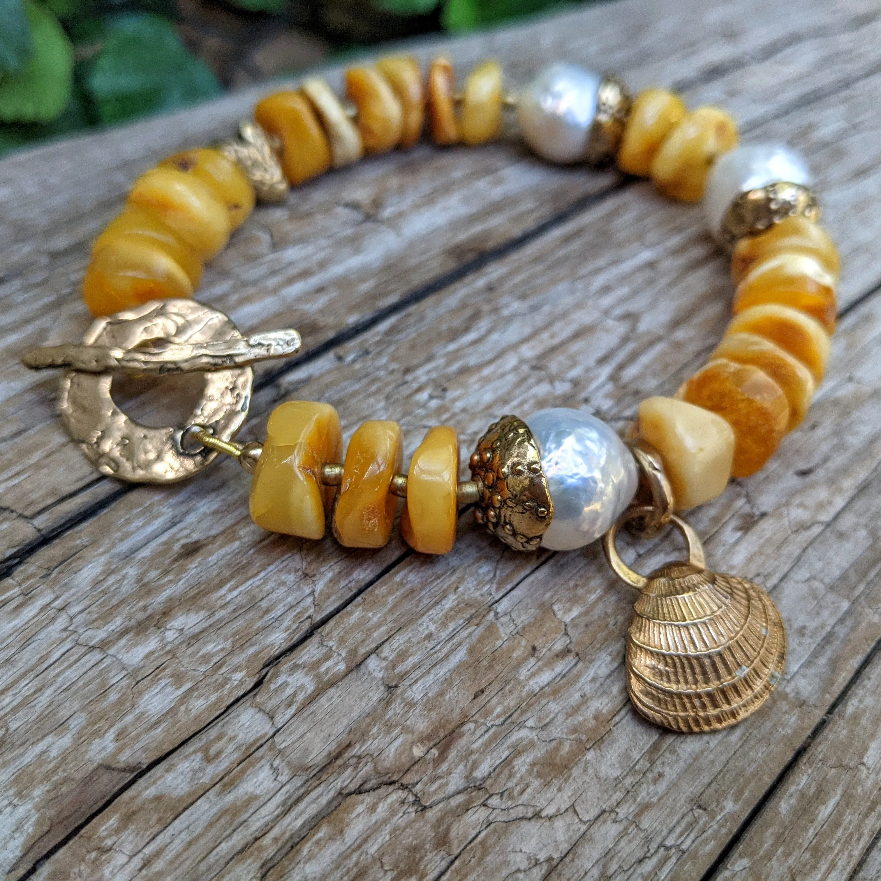 Butterscotch Baltic Amber & White Edison Pearl Bracelet