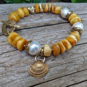 Butterscotch Baltic Amber & White Edison Pearl Bracelet