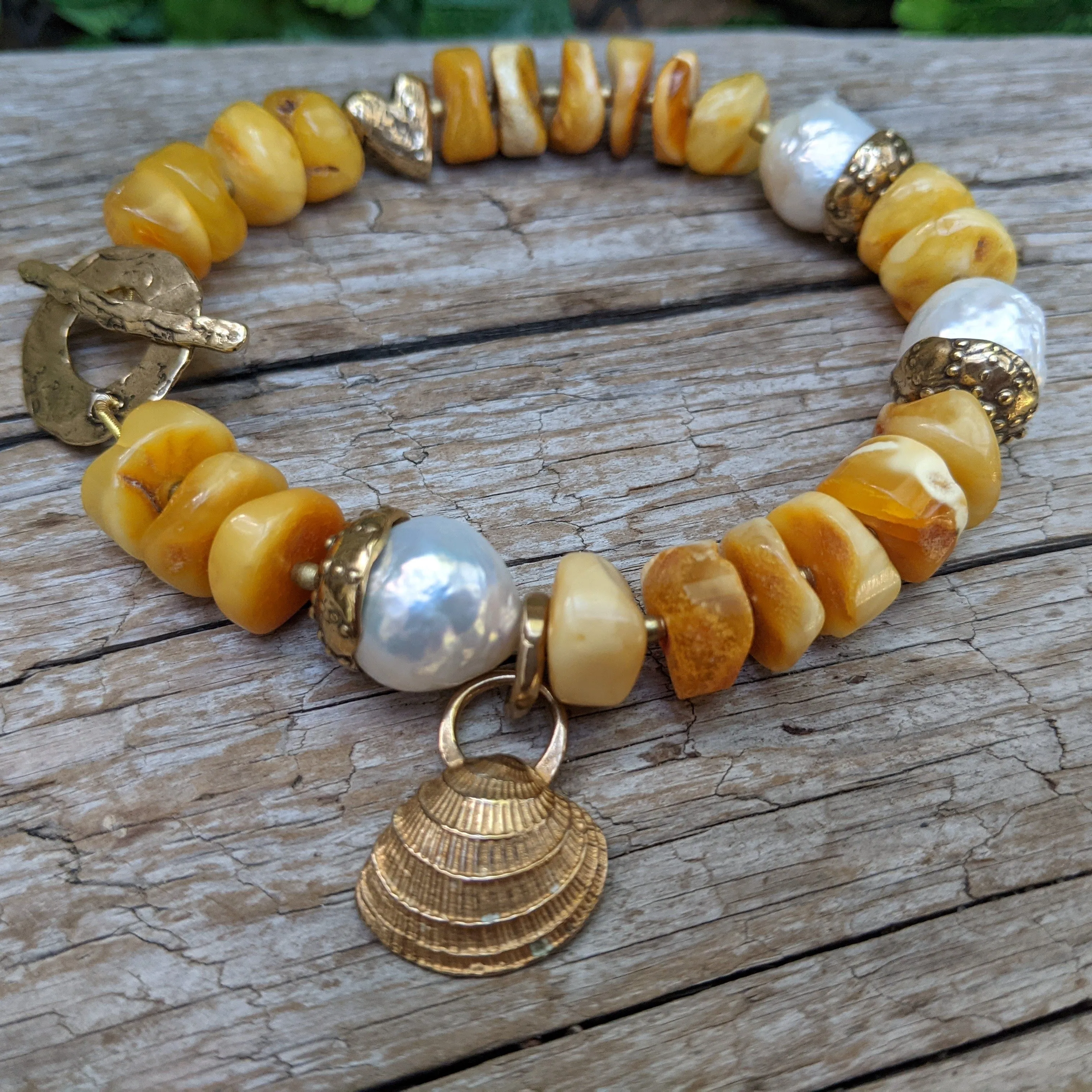 Butterscotch Baltic Amber & White Edison Pearl Bracelet