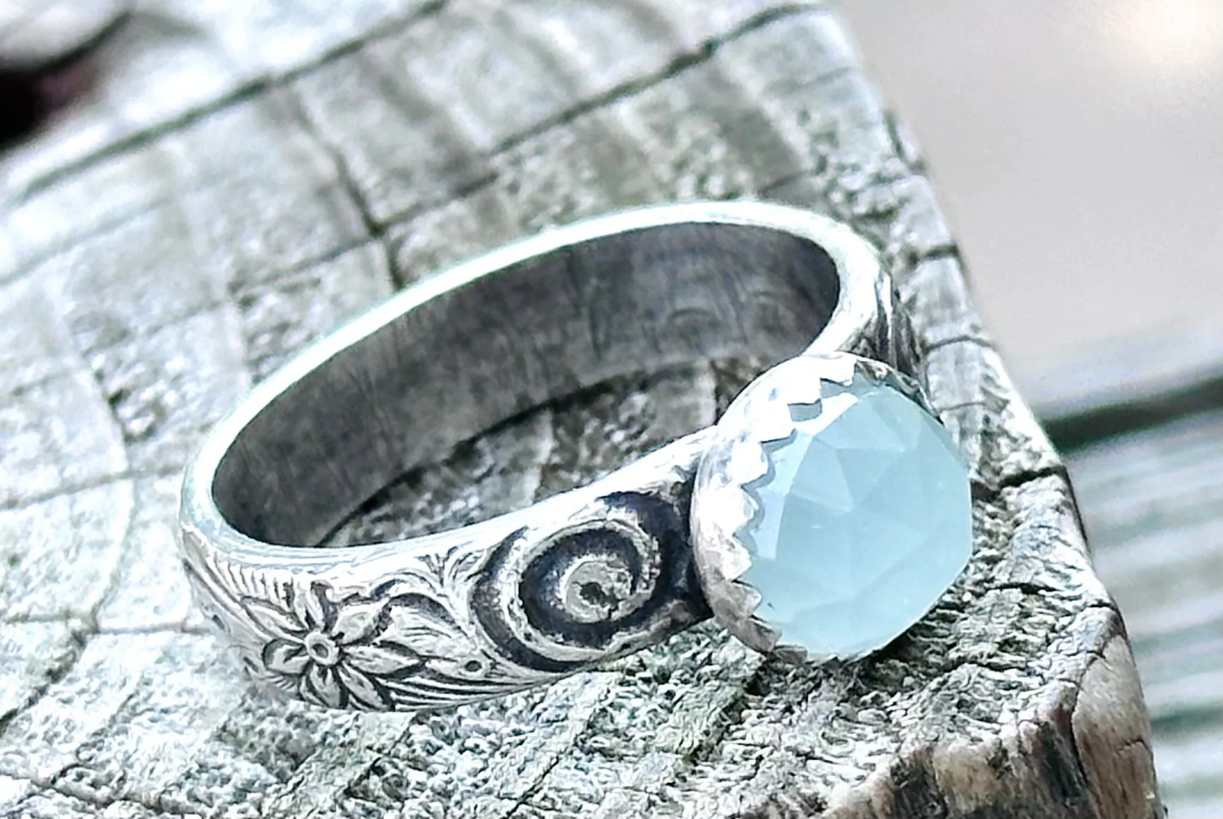 Chalcedony Scroll Sterling Silver Ring, Size 8 Ring, Promise Ring