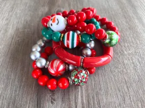 Christmas Snowflake Snowman Rhinestone Bead Lucite Stretch Womens Holiday Bracelet