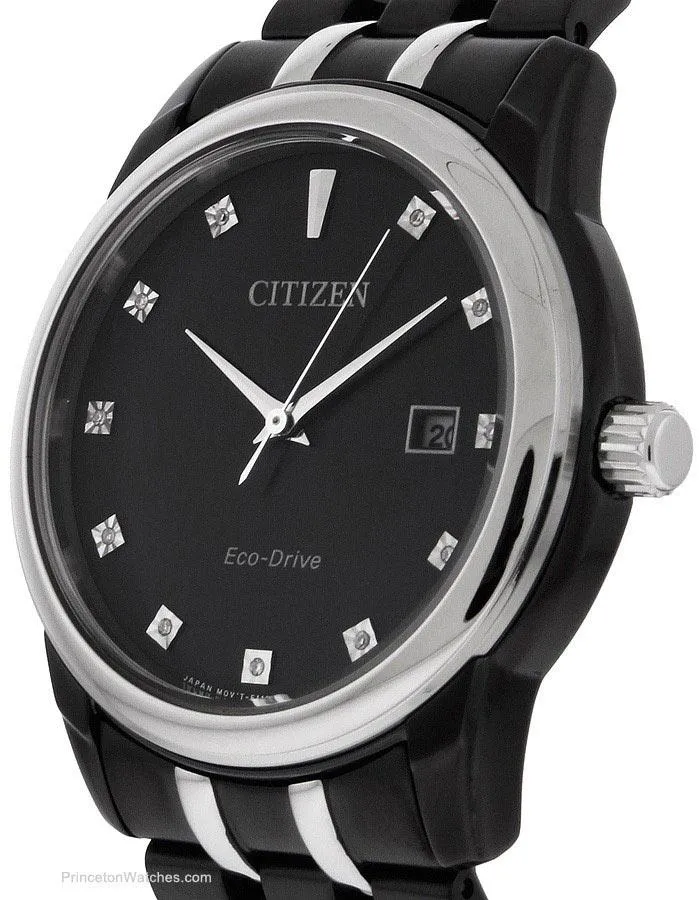 Citizen Eco-Drive Mens Diamond Watch - Black & Silver-Tone - Bracelet - 100m