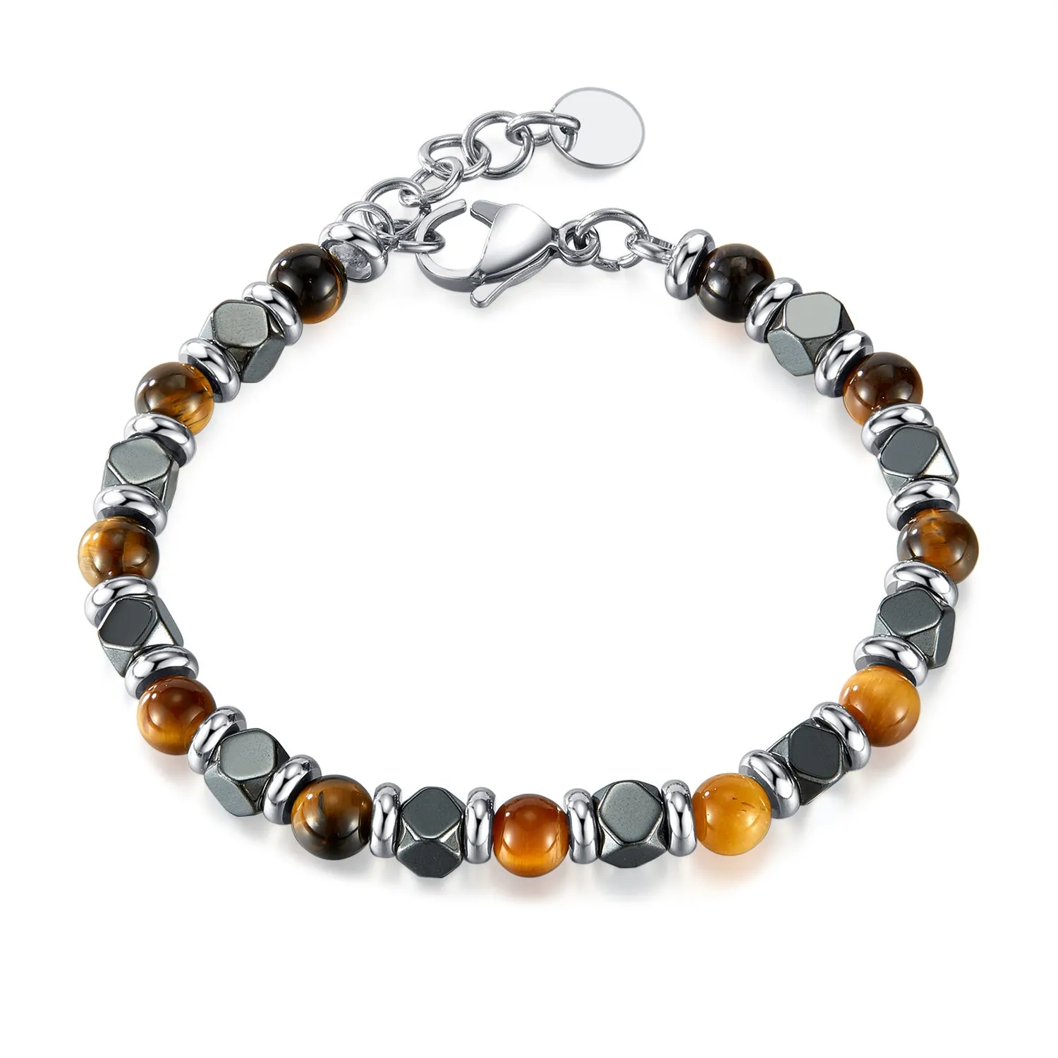 Classic Men's Bracelet with Tiger Eye and Hematite Stones - Elegant Stainless Steel Jewelry