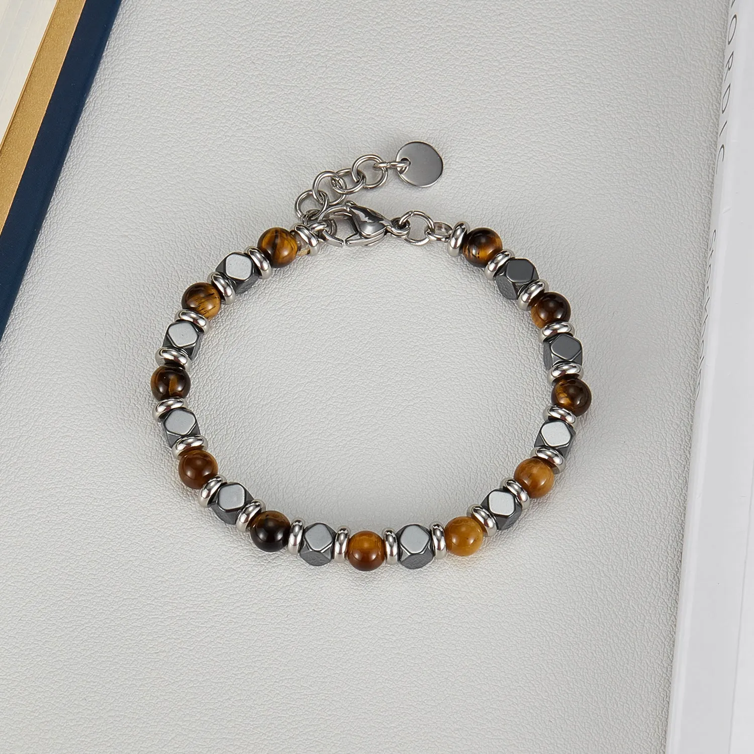 Classic Men's Bracelet with Tiger Eye and Hematite Stones - Elegant Stainless Steel Jewelry