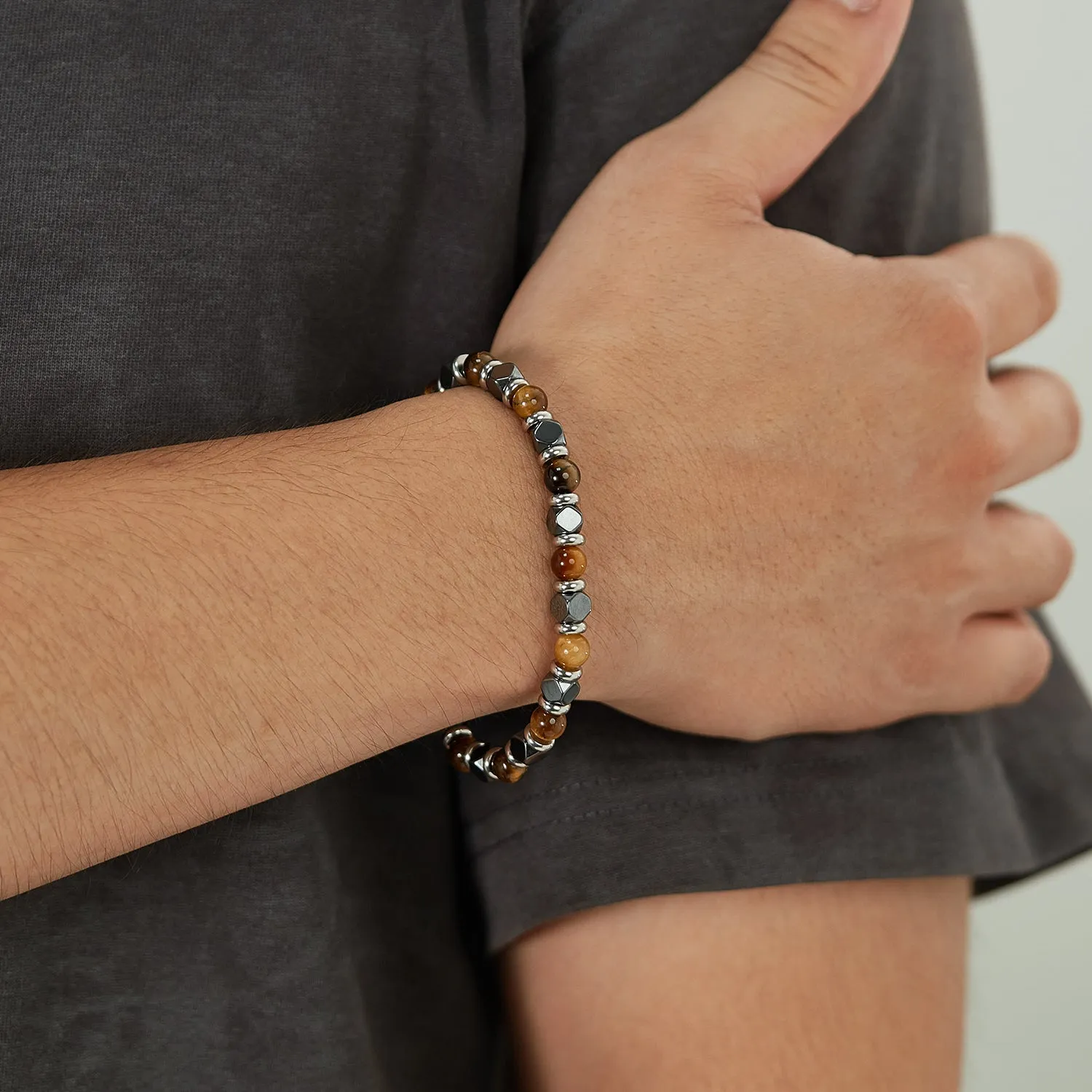 Classic Men's Bracelet with Tiger Eye and Hematite Stones - Elegant Stainless Steel Jewelry