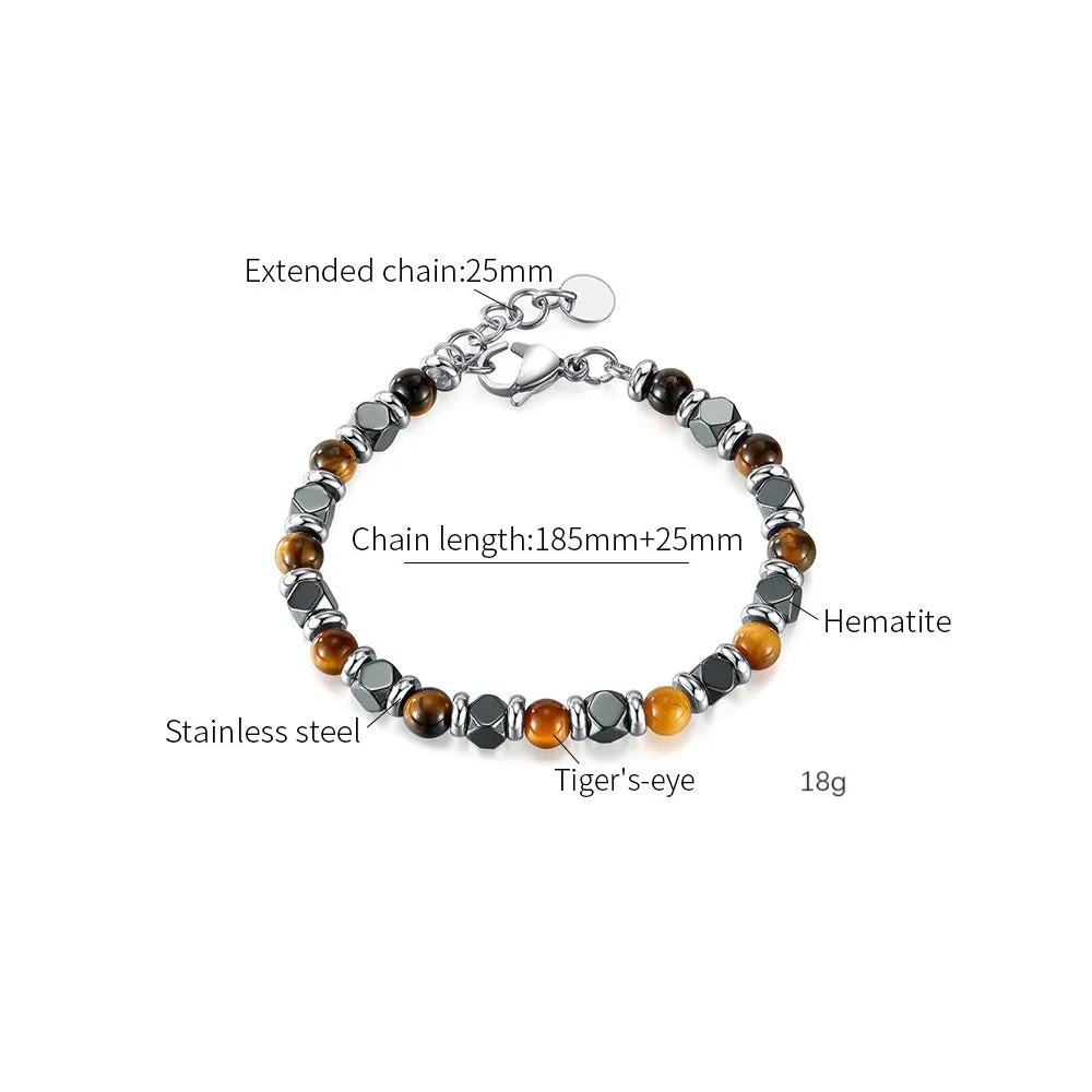 Classic Men's Bracelet with Tiger Eye and Hematite Stones - Elegant Stainless Steel Jewelry