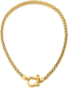 COOLSTEELANDBEYOND Mens Women Steel Gold Color Foxtail Wheat Chain Necklace, Screw Anchor Shackle Nautical Sailor Clasp