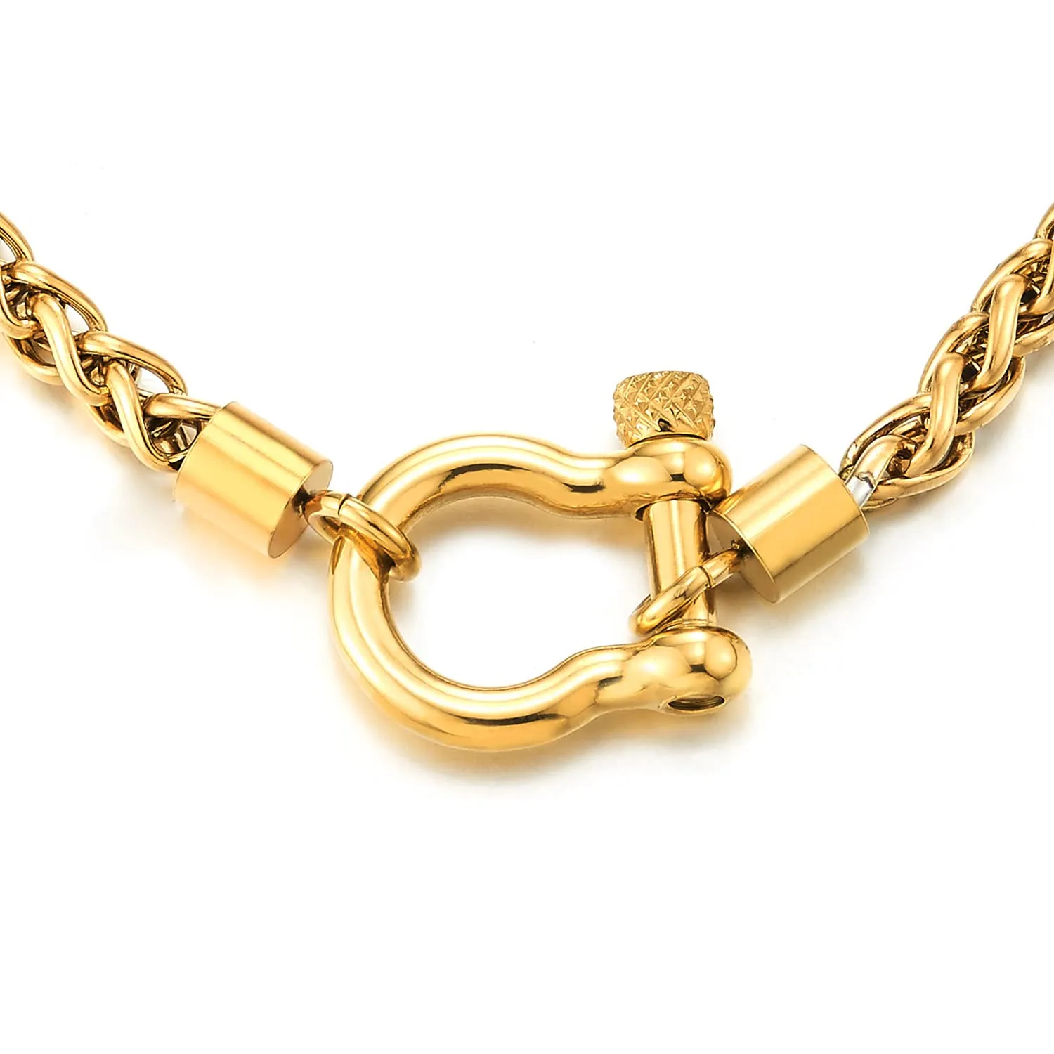 COOLSTEELANDBEYOND Mens Women Steel Gold Color Foxtail Wheat Chain Necklace, Screw Anchor Shackle Nautical Sailor Clasp